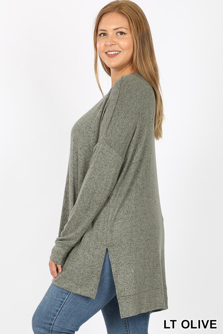 Wholesale Brushed Melange Round Neck HI-LOW Plus Size Top