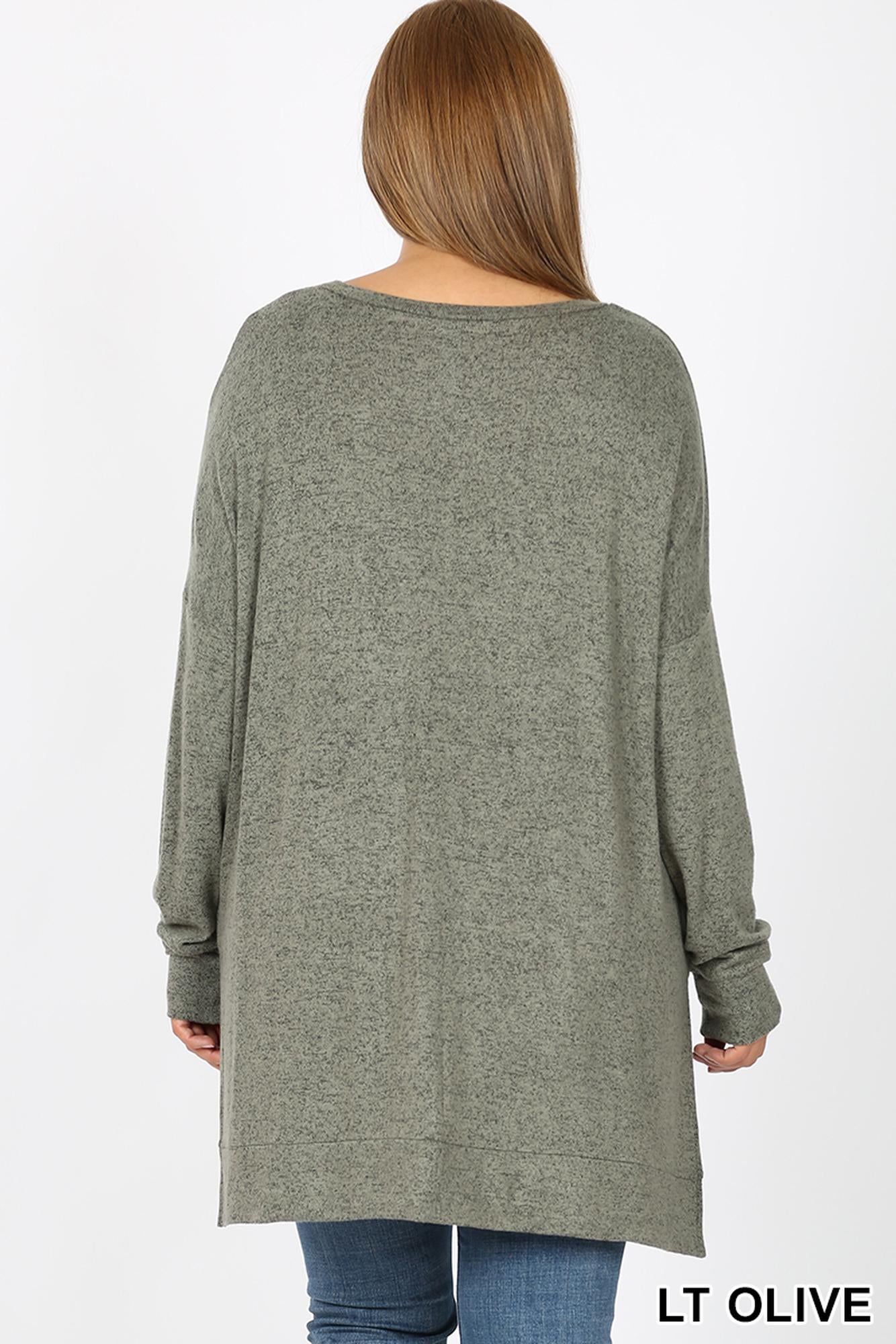 Wholesale Brushed Melange Round Neck HI-LOW Plus Size Top