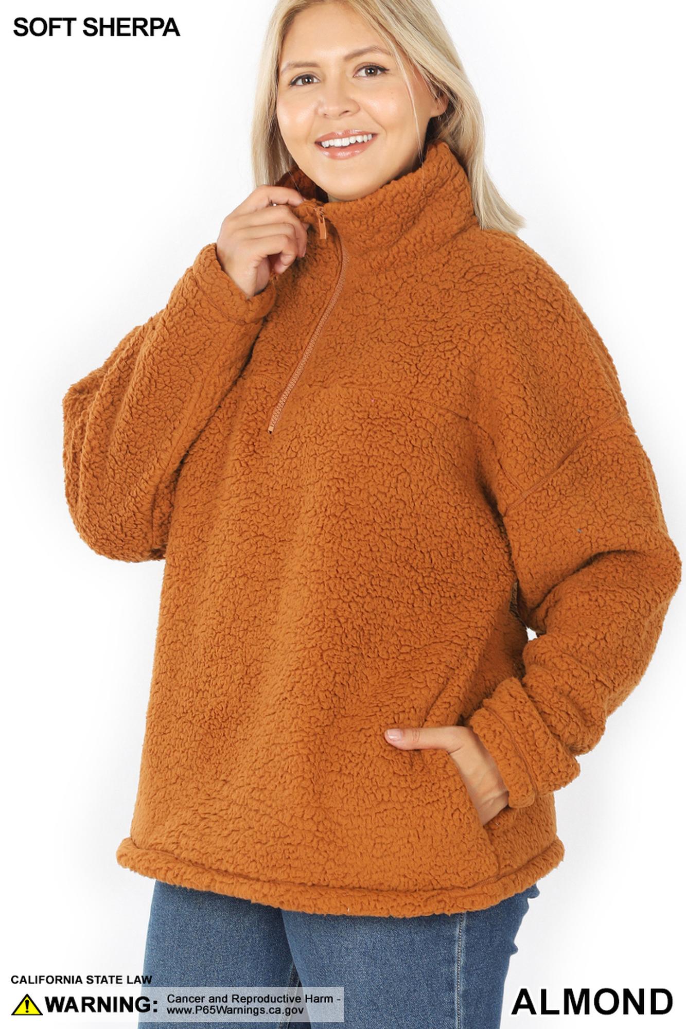 Wholesale Sherpa Half Zip Plus Size Pullover with Side Pockets