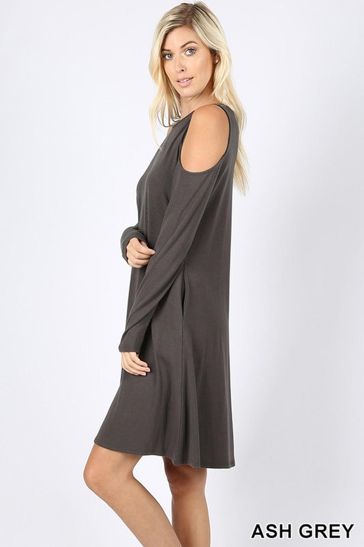 Wholesale Premium Long Sleeve Cold Shoulder Rayon Tunic / Dress with Pockets