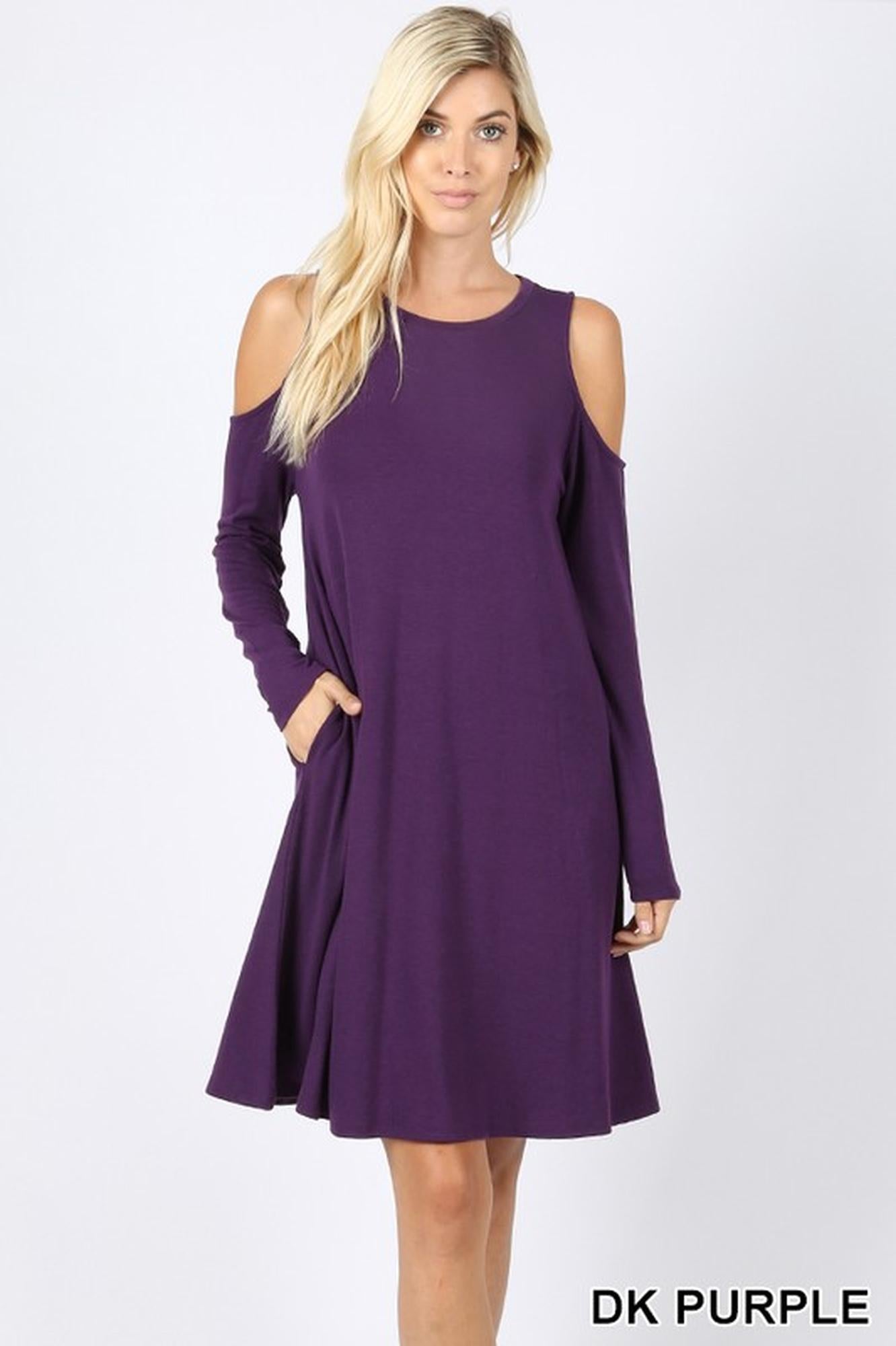 Wholesale Premium Long Sleeve Cold Shoulder Rayon Tunic / Dress with Pockets