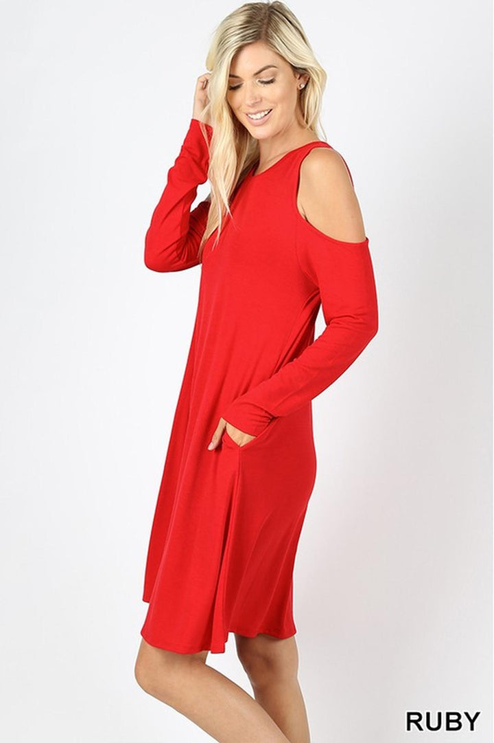 Wholesale Premium Long Sleeve Cold Shoulder Rayon Tunic / Dress with Pockets