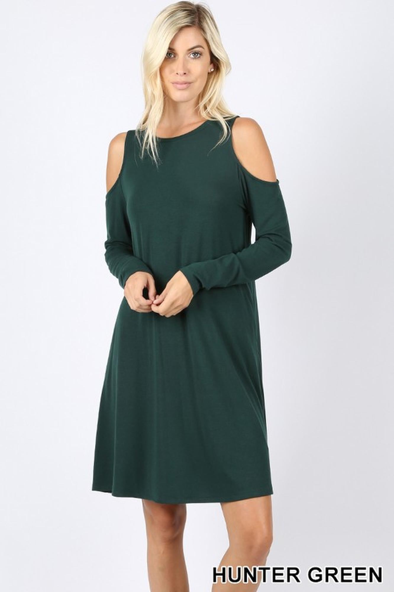 Wholesale Premium Long Sleeve Cold Shoulder Rayon Tunic / Dress with Pockets
