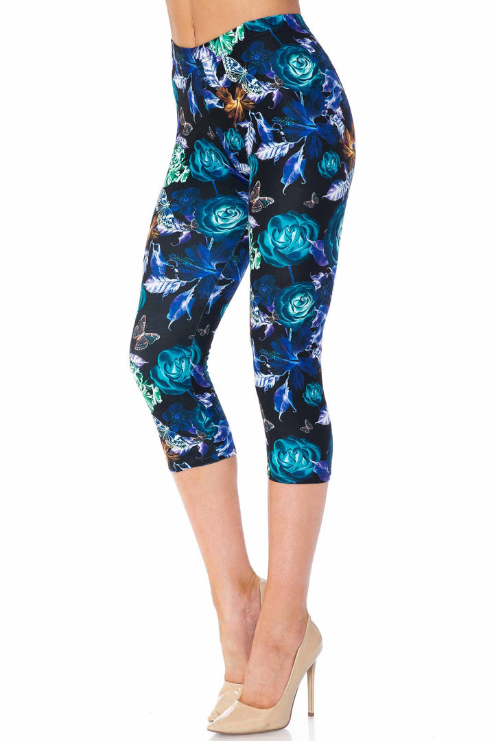 Wholesale Creamy Soft Electric Blue Floral Butterfly Capris - USA Fashion