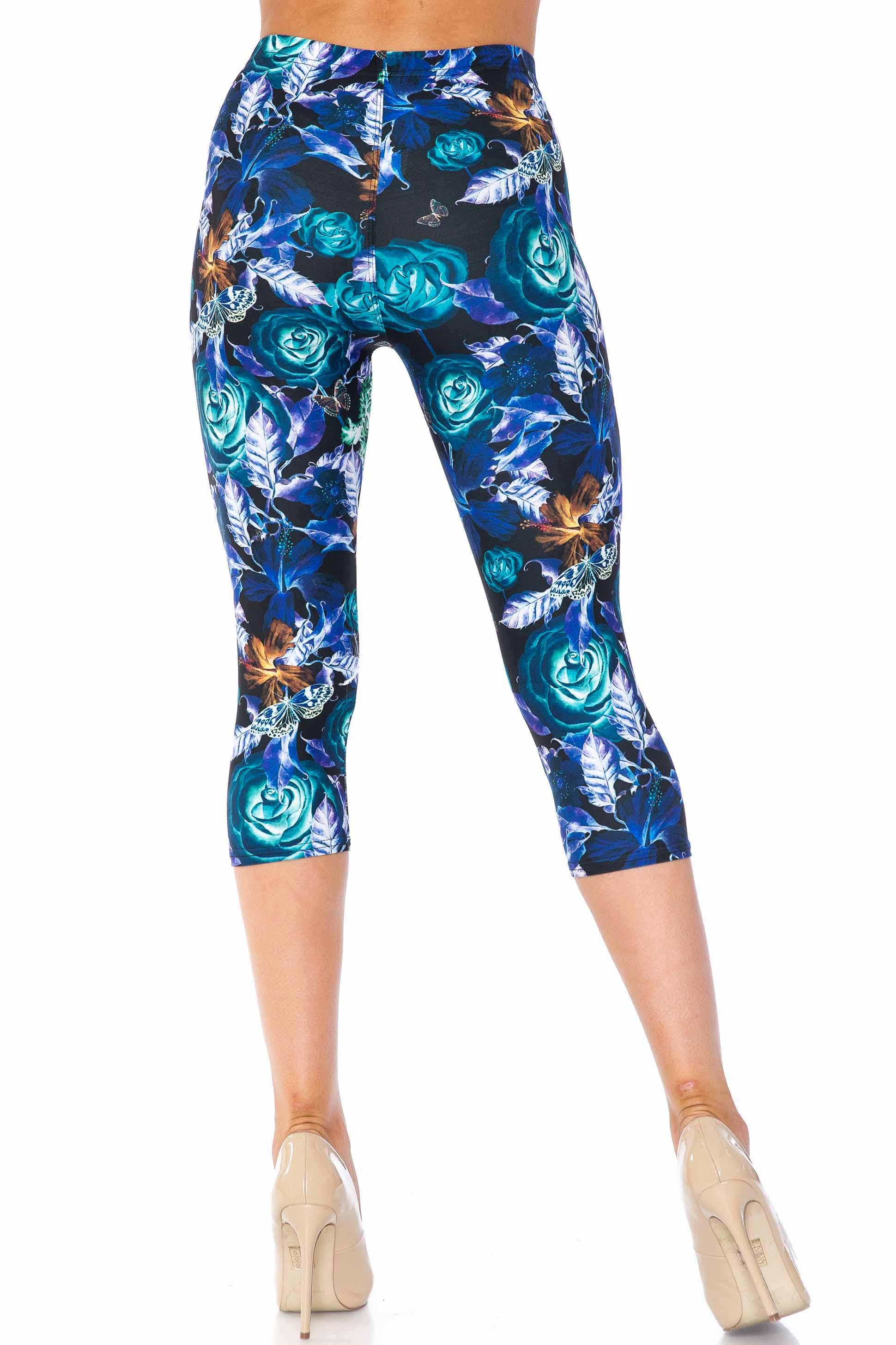 Wholesale Creamy Soft Electric Blue Floral Butterfly Capris - USA Fashion