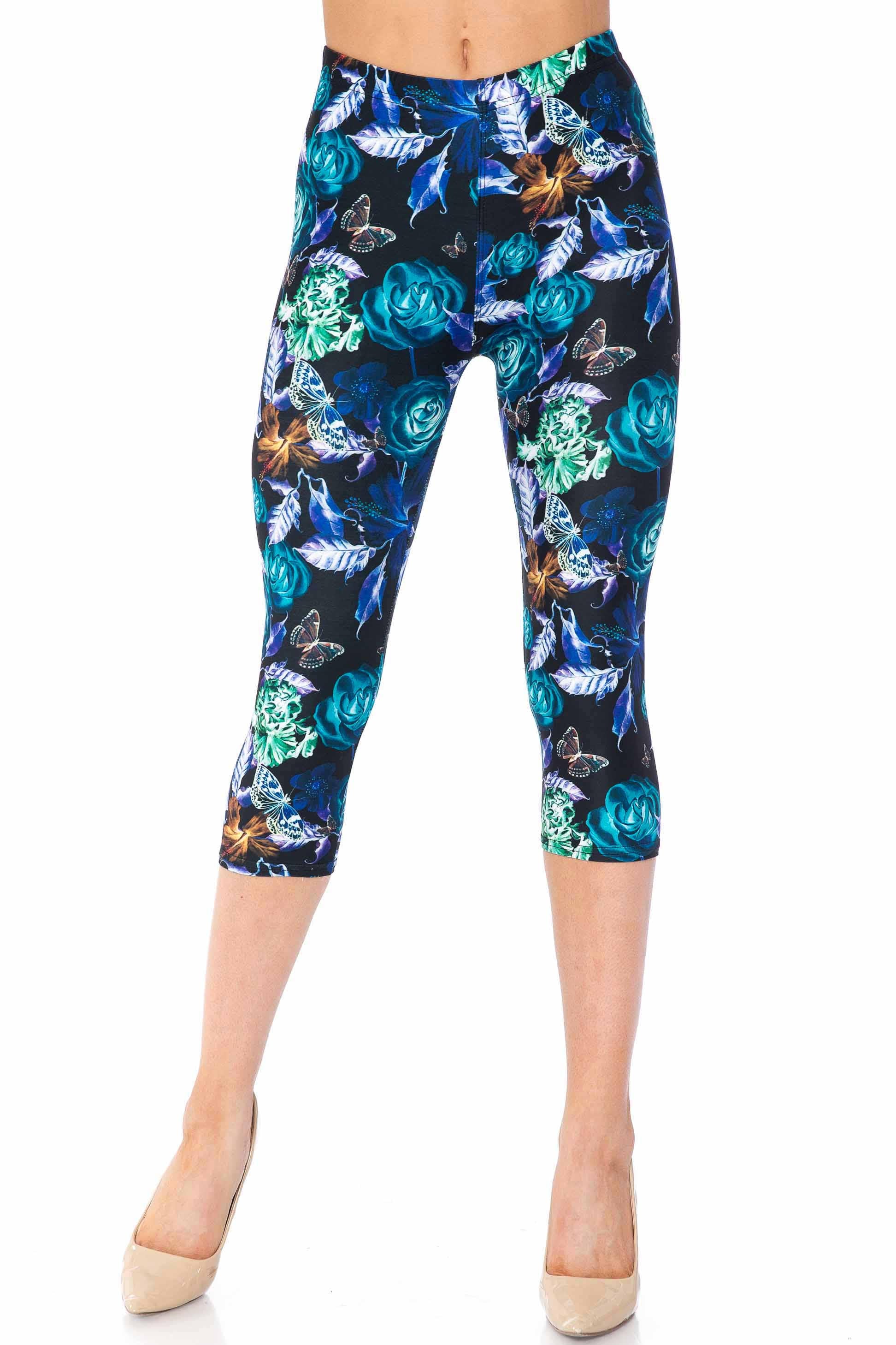 Wholesale Creamy Soft Electric Blue Floral Butterfly Capris - USA Fashion