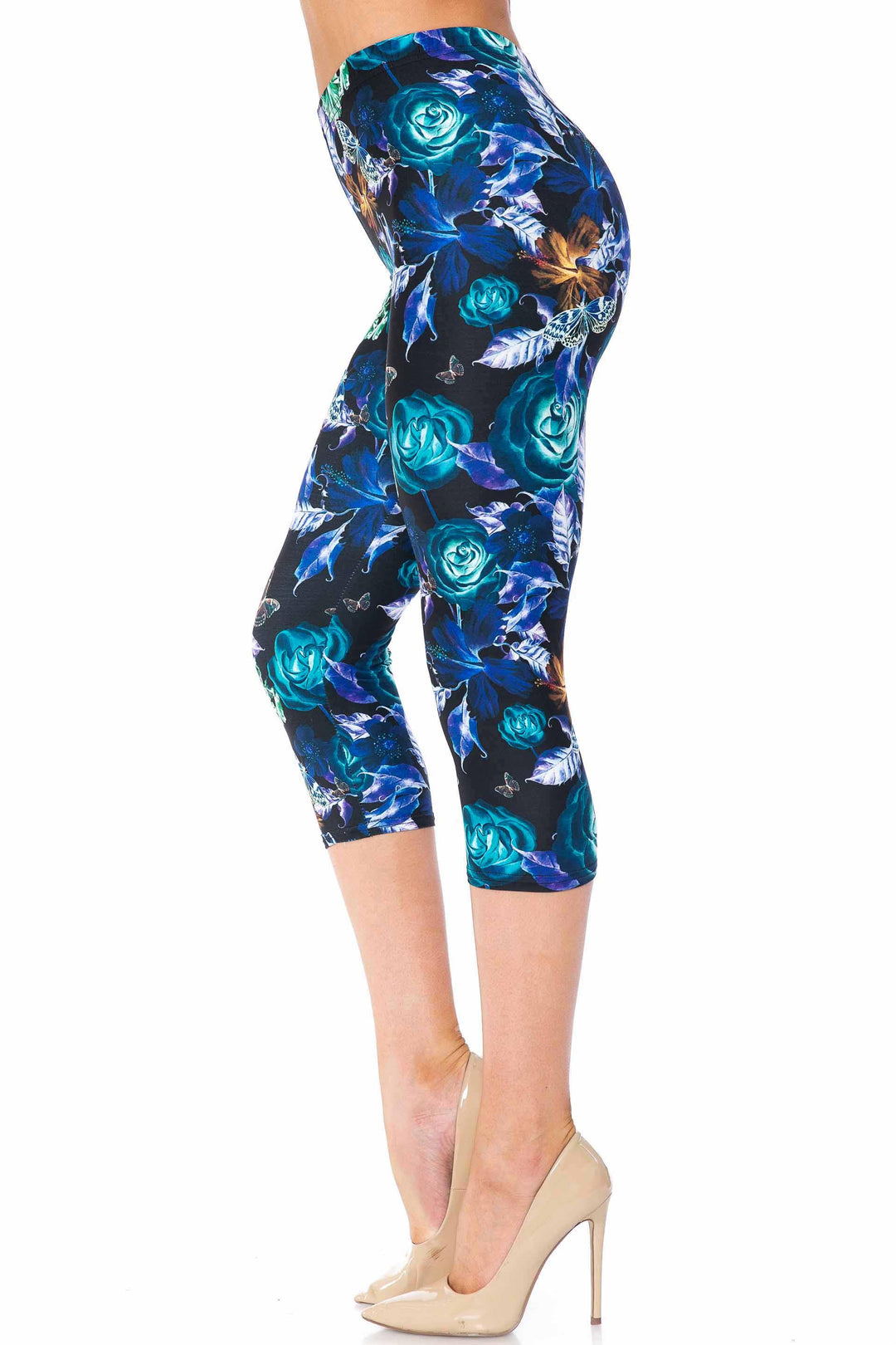 Wholesale Creamy Soft Electric Blue Floral Butterfly Capris - USA Fashion