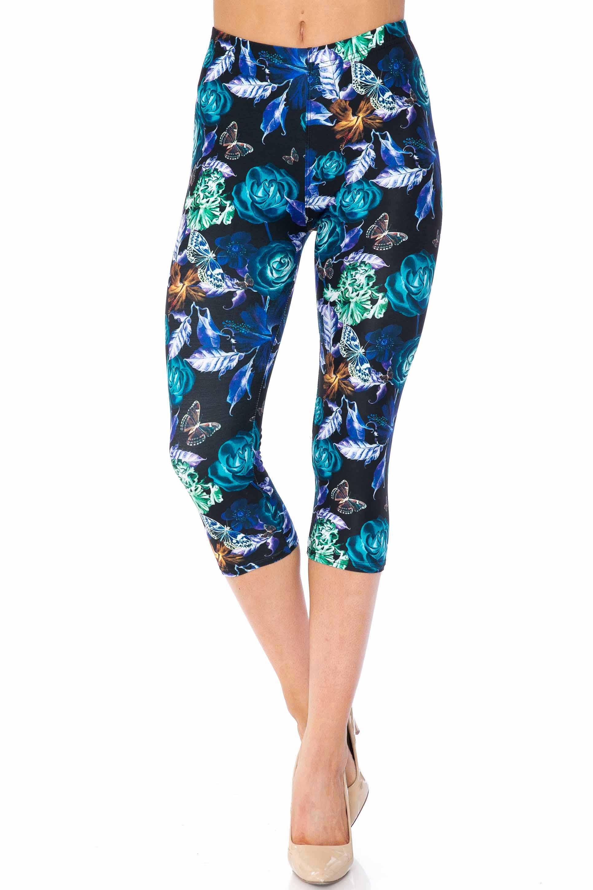 Wholesale Creamy Soft Electric Blue Floral Butterfly Capris - USA Fashion