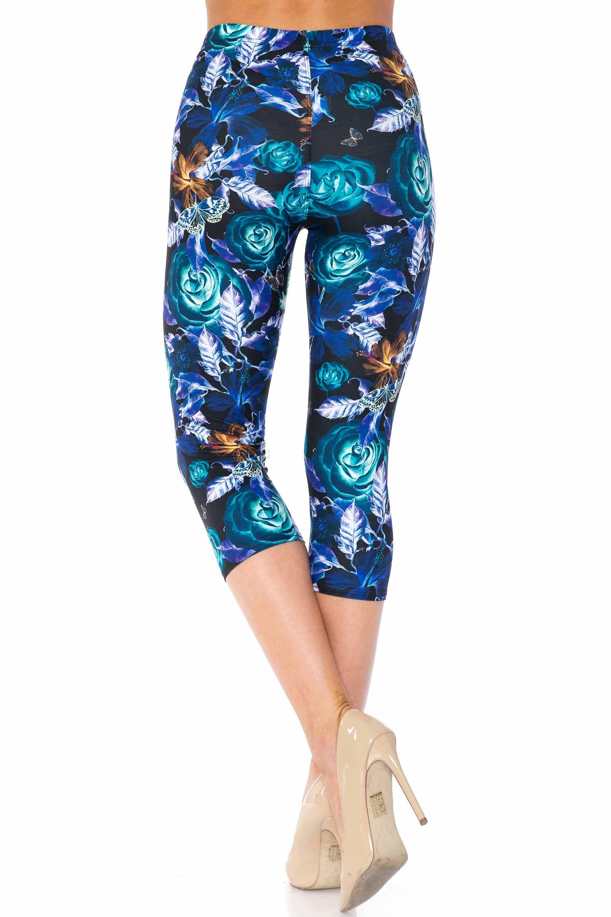 Wholesale Creamy Soft Electric Blue Floral Butterfly Capris - USA Fashion