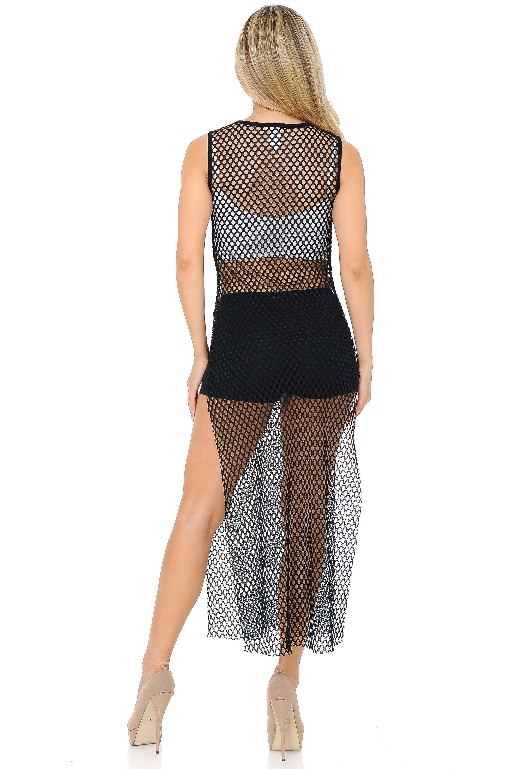 Wholesale Black Fishnet Mesh Side Slit Overlay Tank Midi Dress