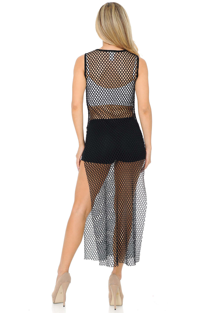 Wholesale Black Fishnet Mesh Side Slit Overlay Tank Midi Dress