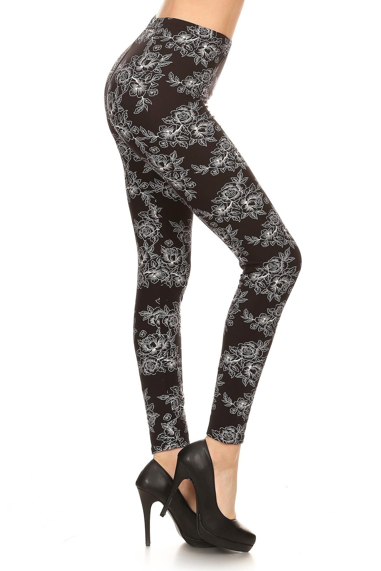 Wholesale Buttery Smooth Black and White Floral Outline Leggings