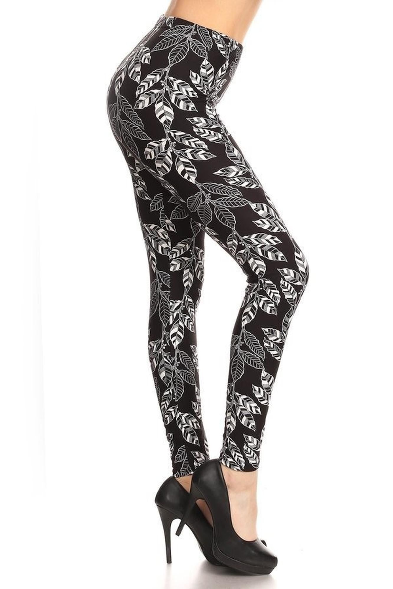 Wholesale Buttery Smooth Black and White Leaves Leggings