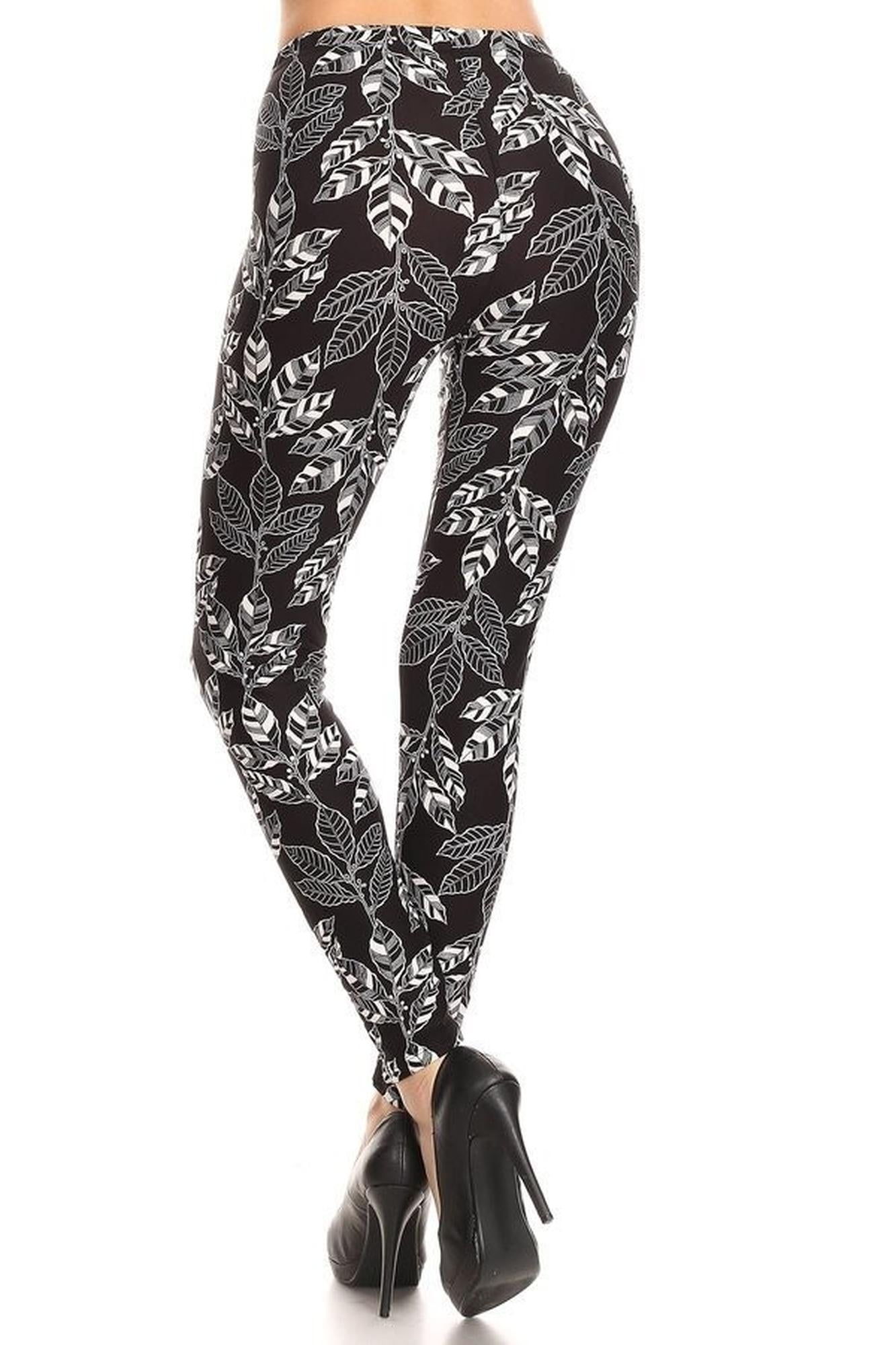 Wholesale Buttery Smooth Black and White Leaves Leggings