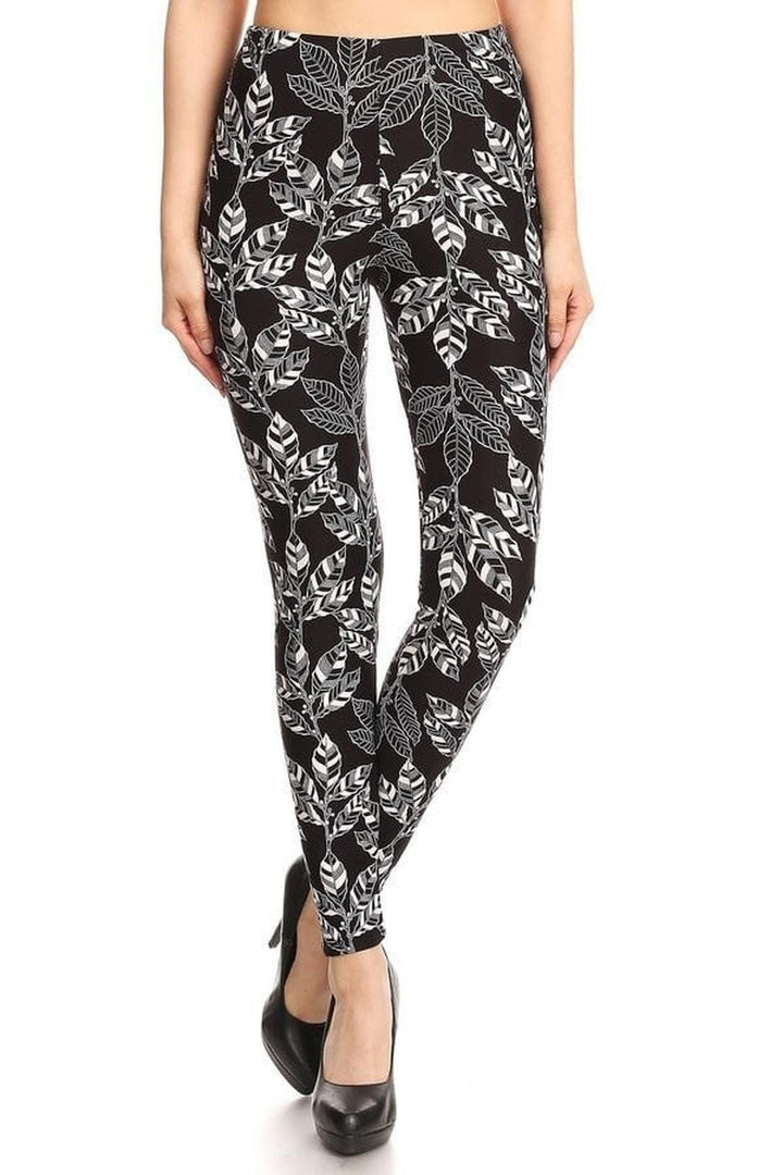Wholesale Buttery Smooth Black and White Leaves Leggings