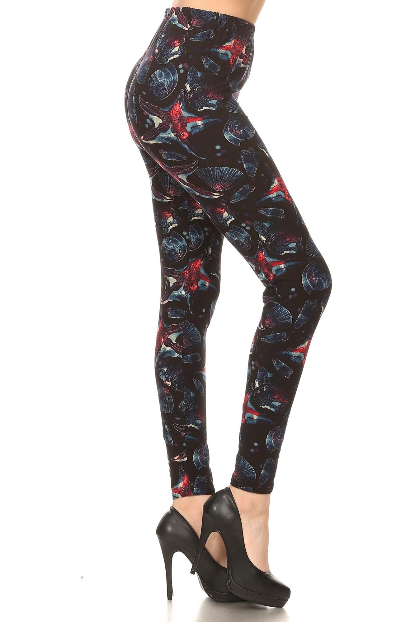 Wholesale Buttery Smooth Red Starfish and Seashell Leggings
