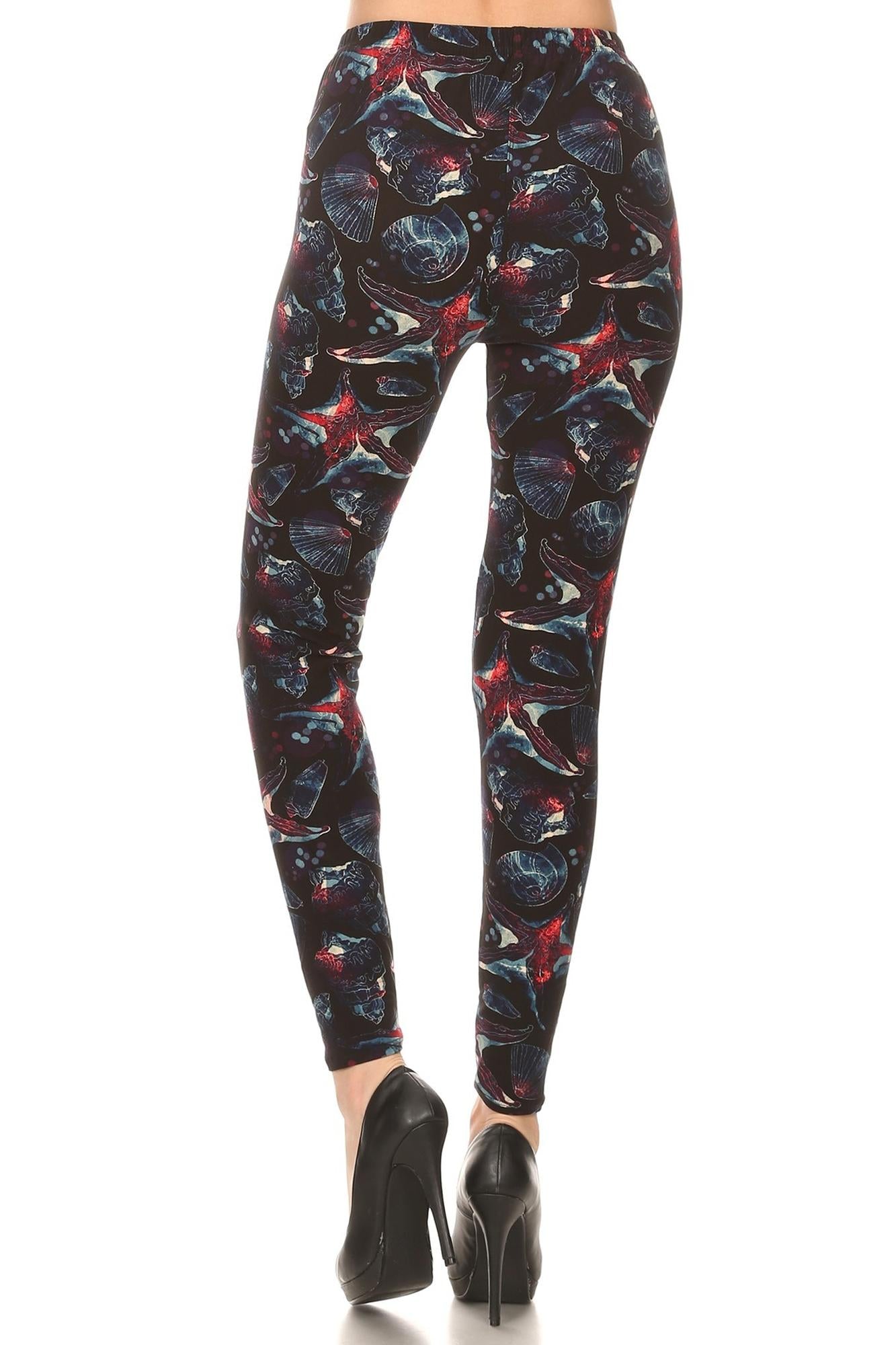 Wholesale Buttery Smooth Red Starfish and Seashell Leggings