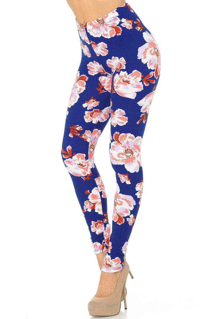 Wholesale Buttery Smooth Blooming Floral On Blue Leggings