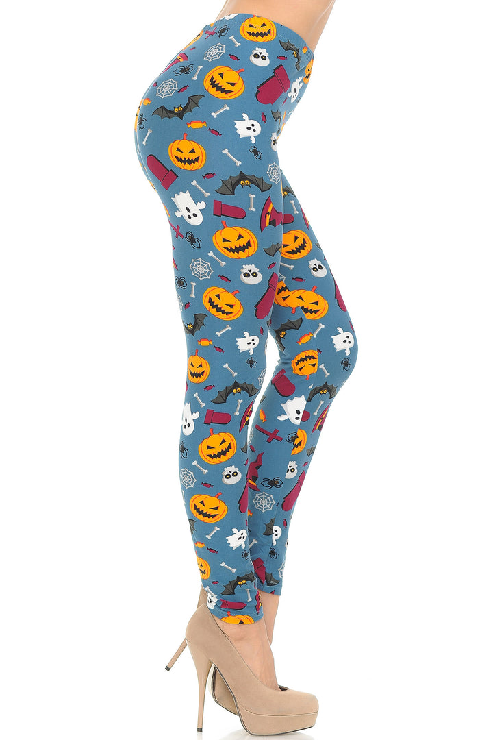 Wholesale Buttery Smooth Steel Blue Halloween Motif Leggings