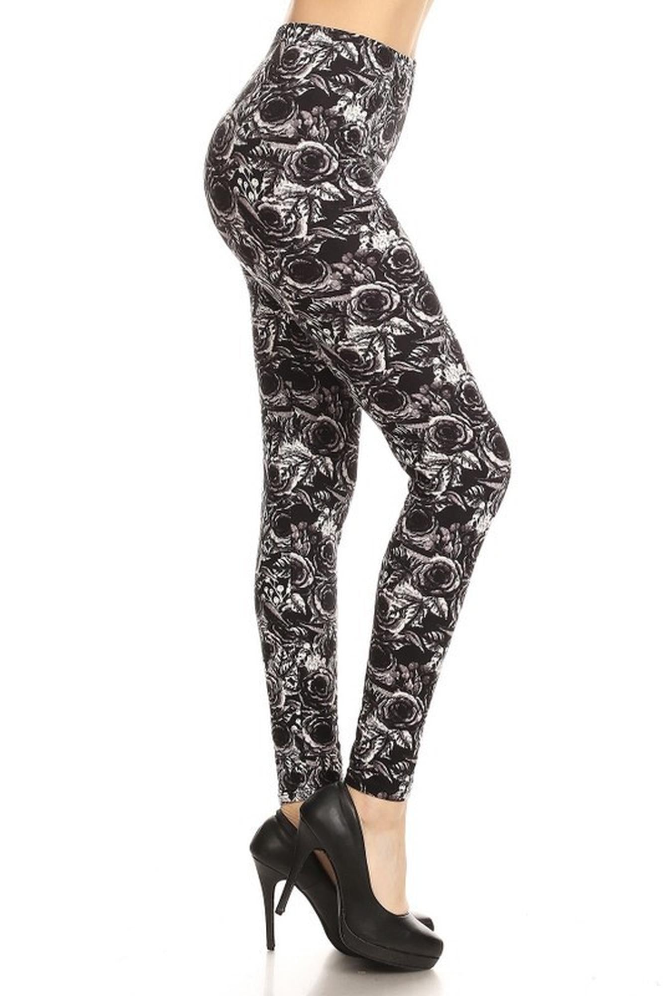 Wholesale Buttery Smooth Black and White Rose Floral Leggings