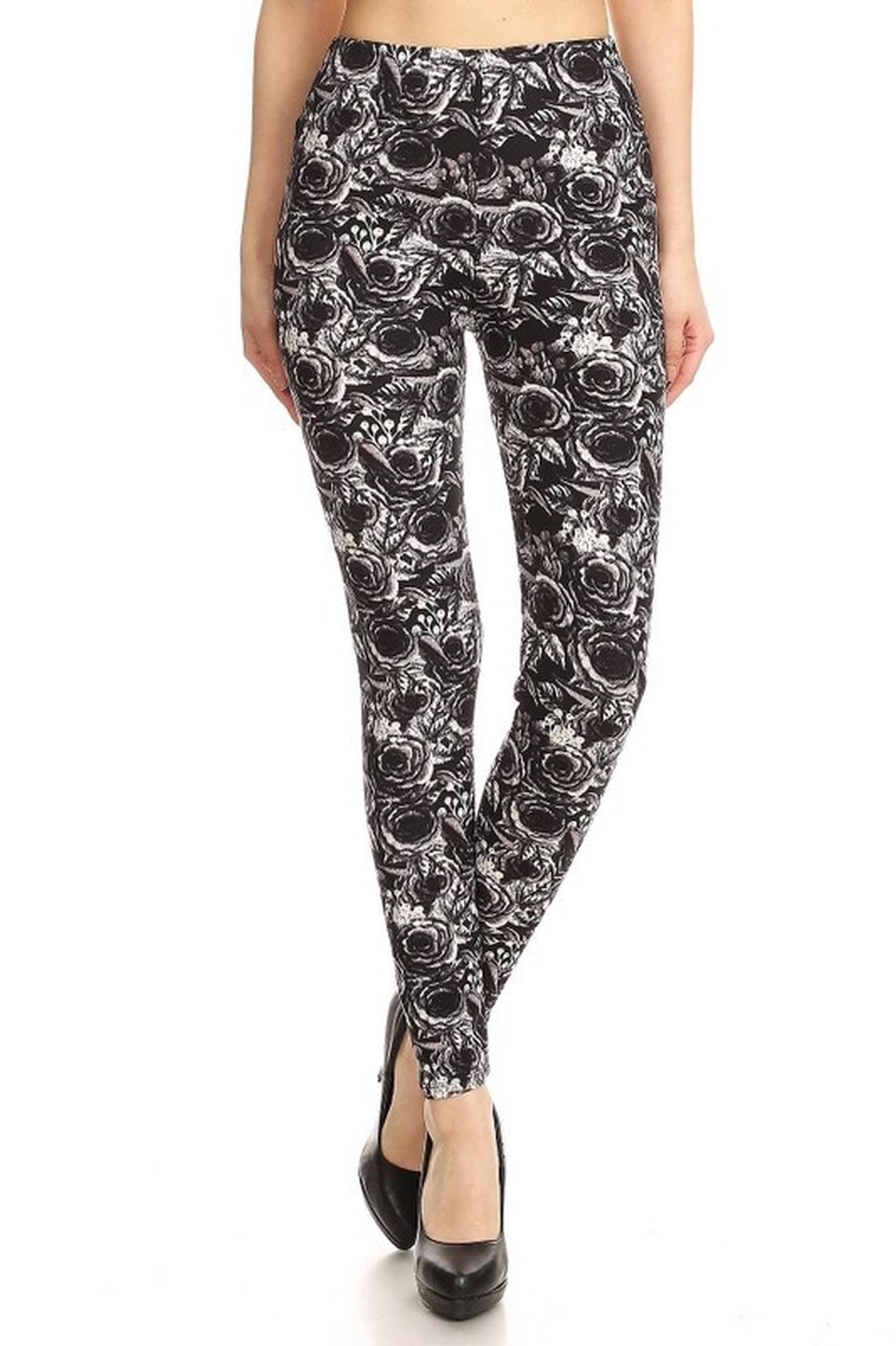 Wholesale Buttery Smooth Black and White Rose Floral Leggings