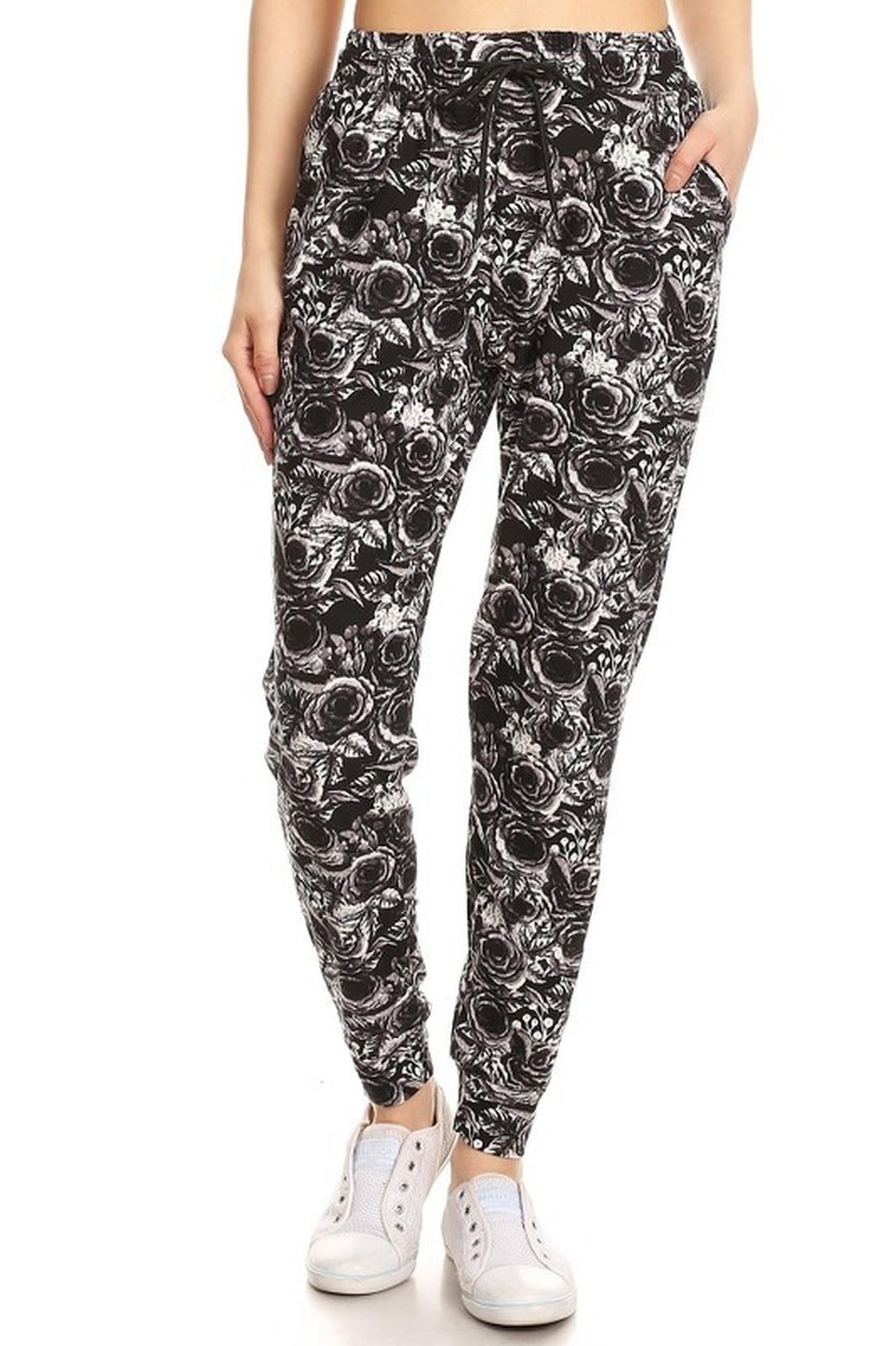 Wholesale Buttery Smooth Black and White Rose Floral Joggers