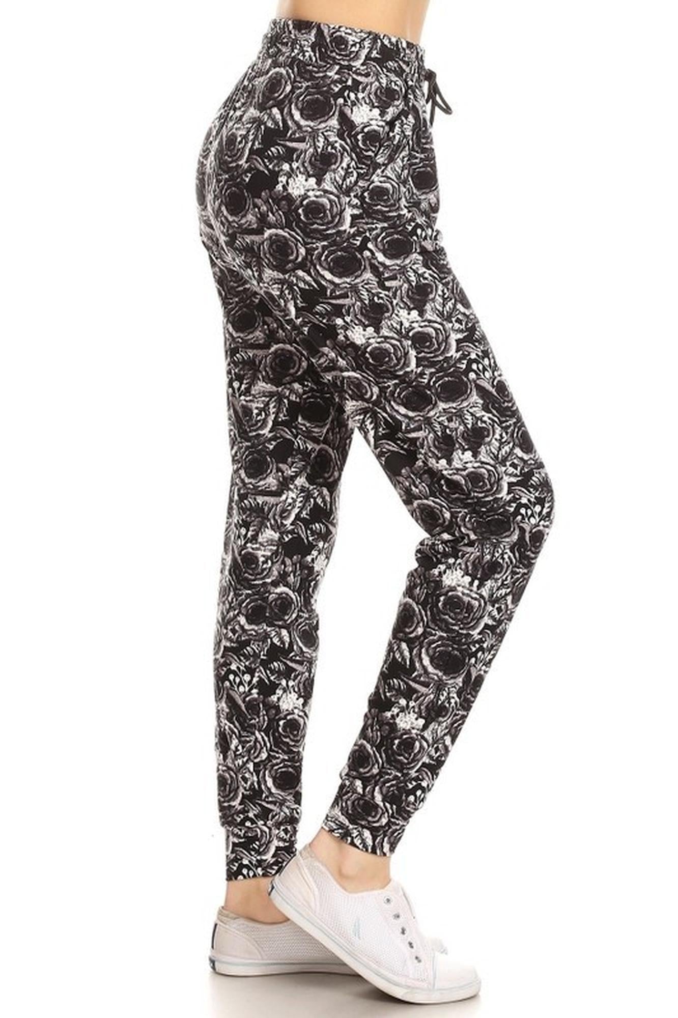 Wholesale Buttery Smooth Black and White Rose Floral Joggers