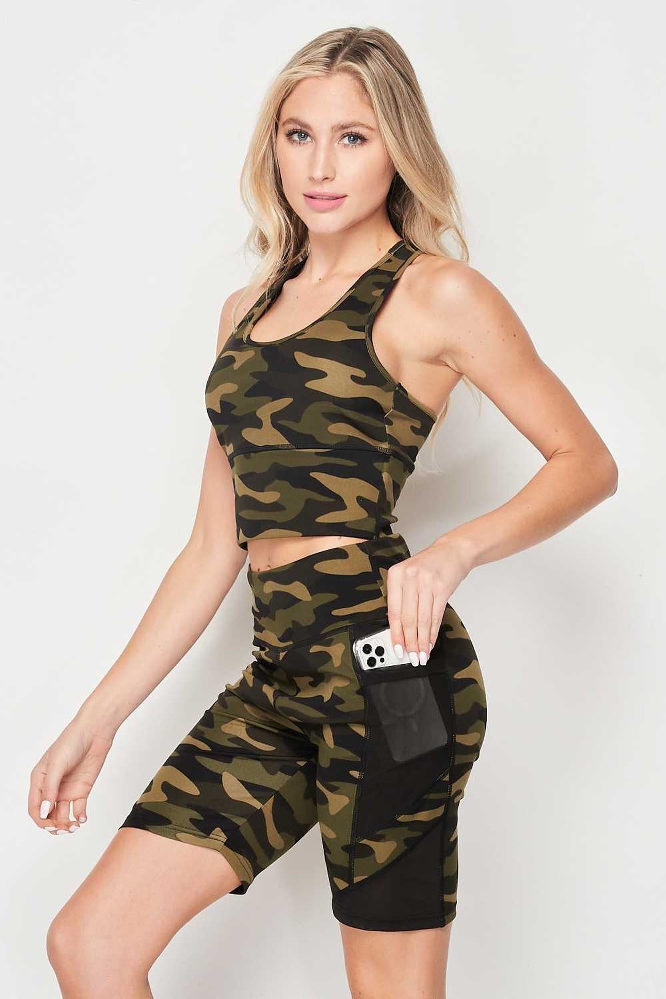 Wholesale High Waisted Camouflage Mesh Pocket Biker Shorts and Crop Top Workout Set