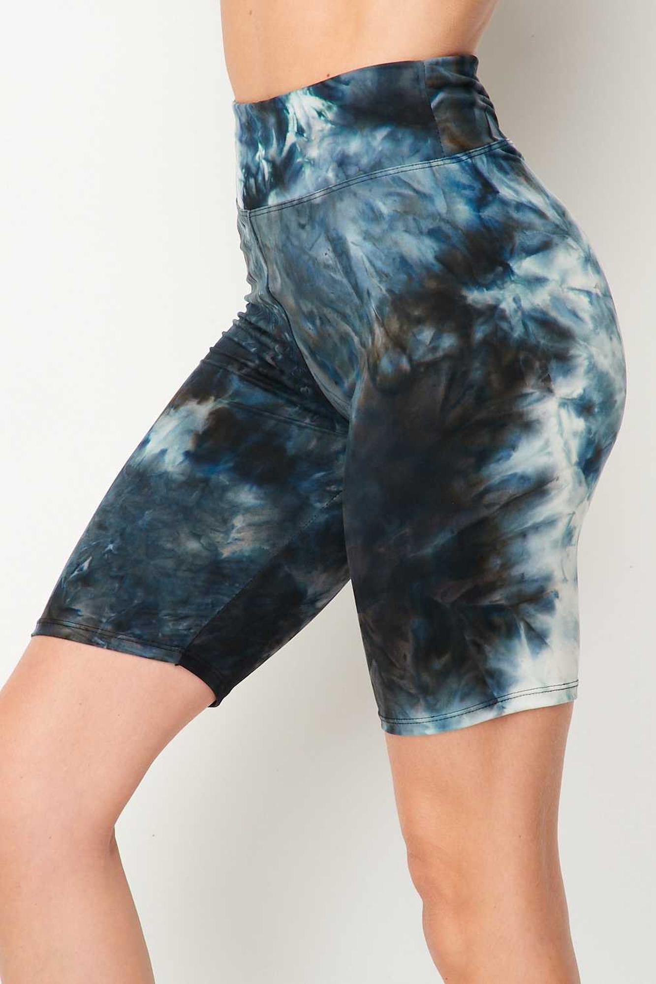 Wholesale Buttery Smooth Steel Blue Tie Dye High Waisted Biker Shorts - 3 Inch Waist