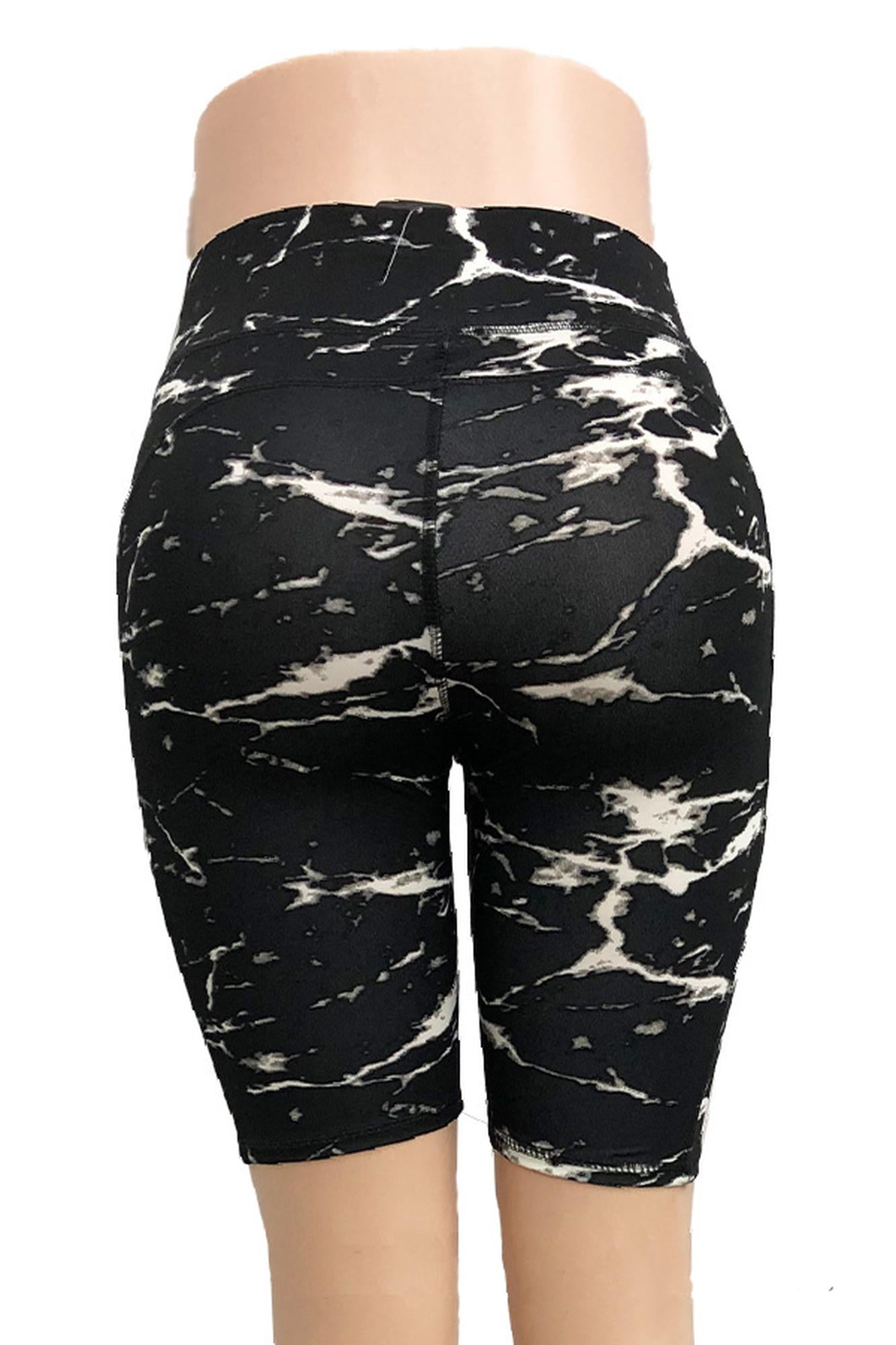 Wholesale Black Marble High Waist Sport Biker Shorts with Side Pocket