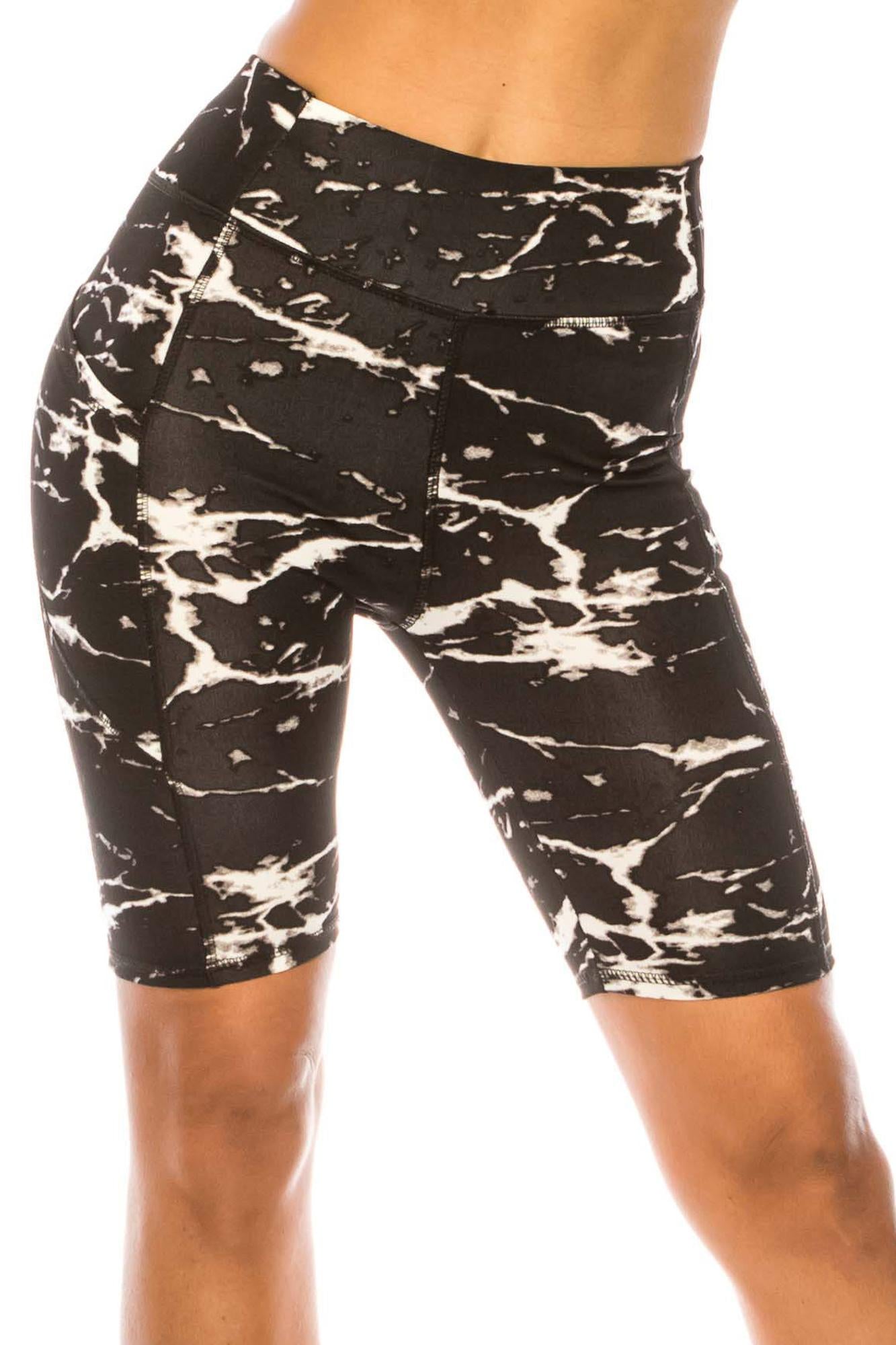 Wholesale Black Marble High Waist Sport Biker Shorts with Side Pocket
