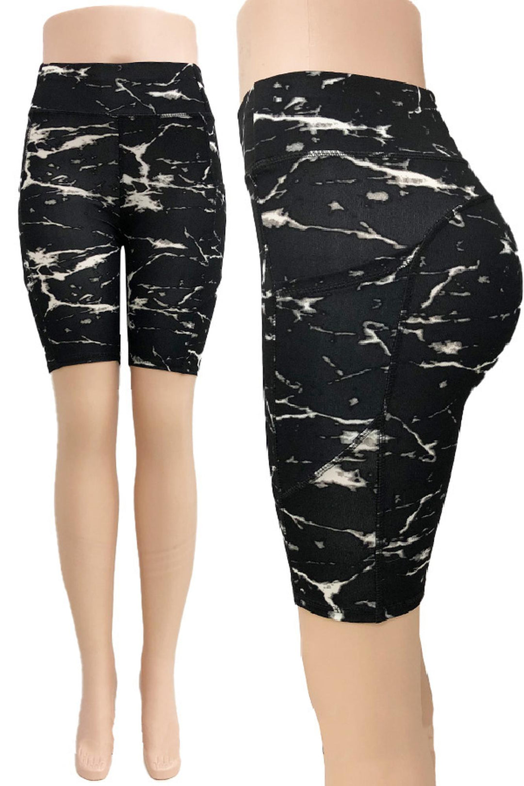 Wholesale Black Marble High Waist Sport Biker Shorts with Side Pocket