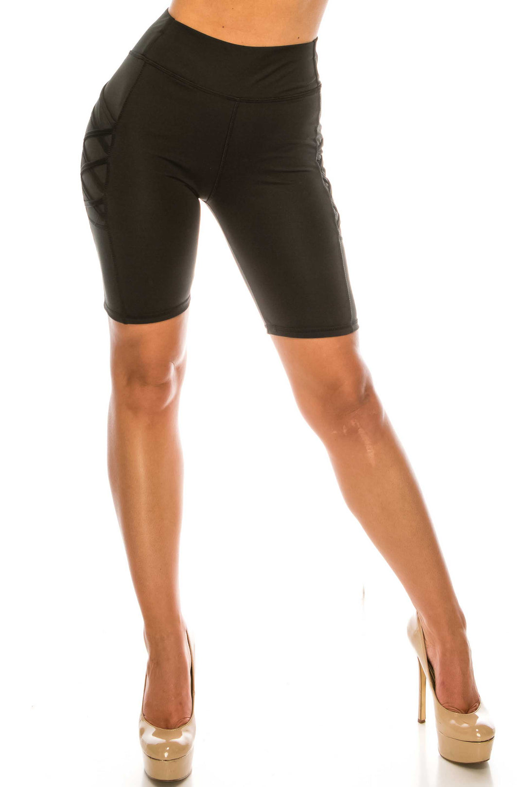 Wholesale Solid Black Crisscross Detail High Waist Sport Biker Shorts with Side Pocket