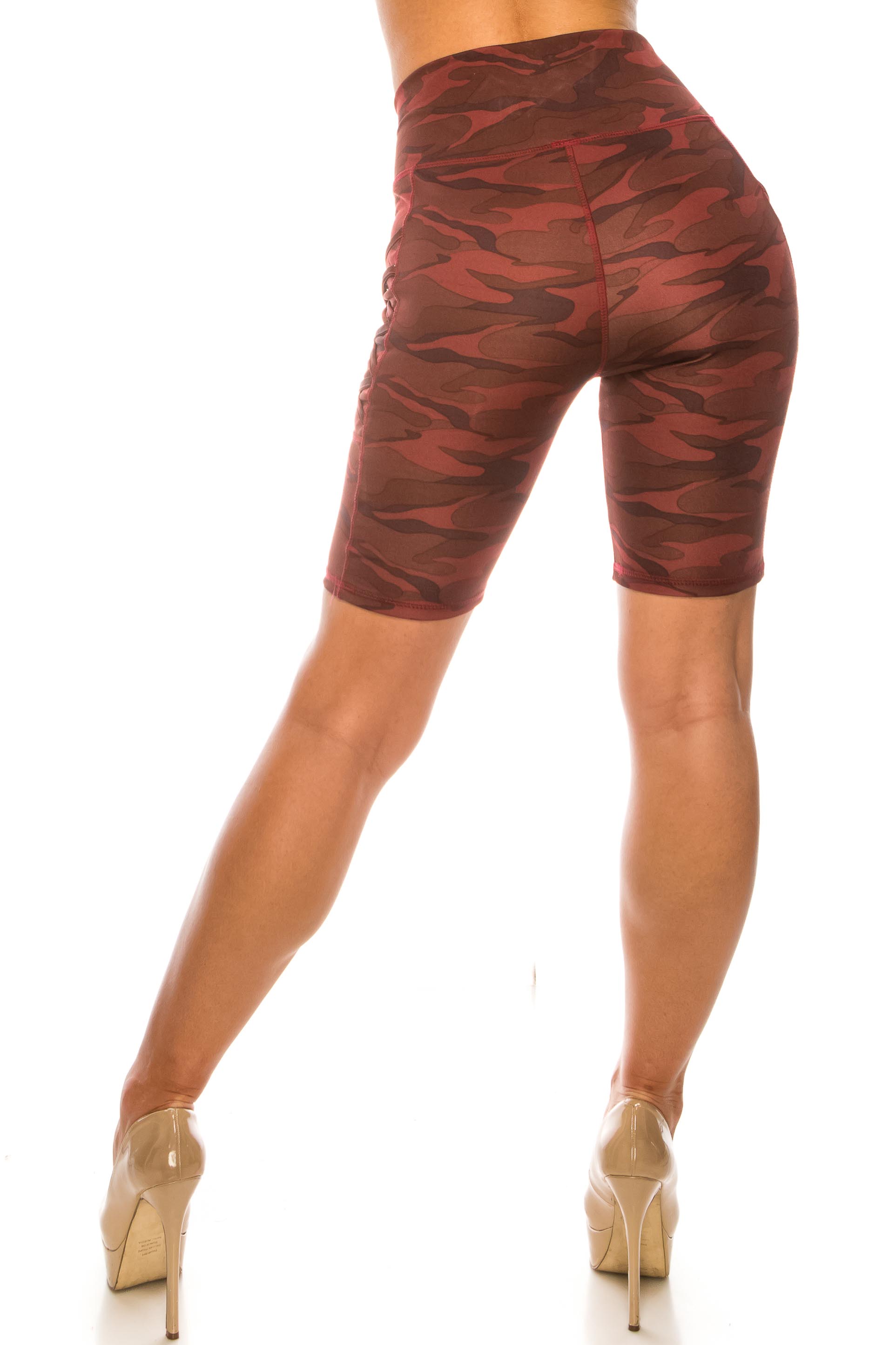 Wholesale Burgundy Camouflage Crisscross Detail Sport Biker Shorts with Side Pocket