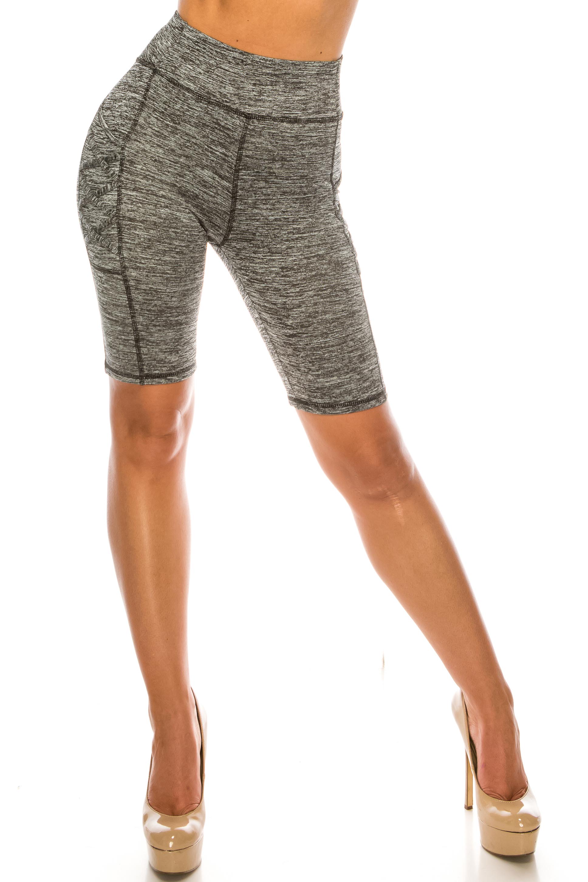 Wholesale Solid Heathered Crisscross Detail High Waist Sport Biker Shorts with Side Pocket