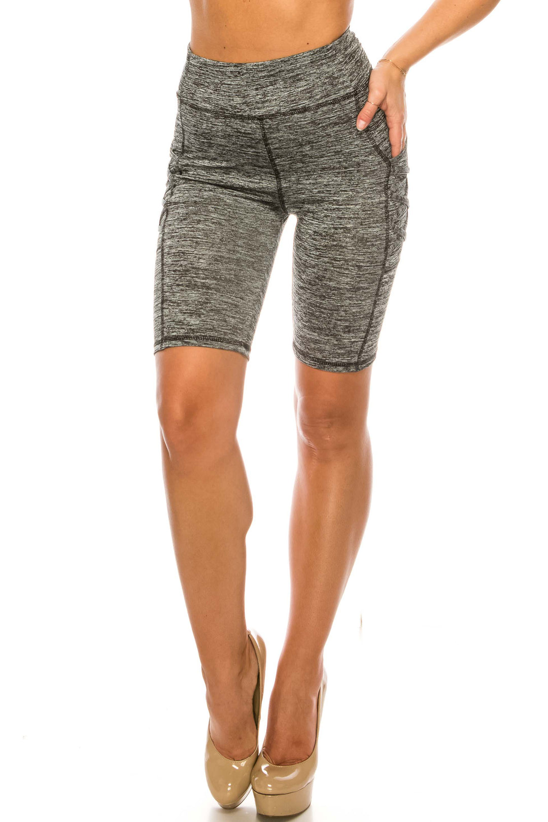 Wholesale Solid Heathered Crisscross Detail High Waist Sport Biker Shorts with Side Pocket