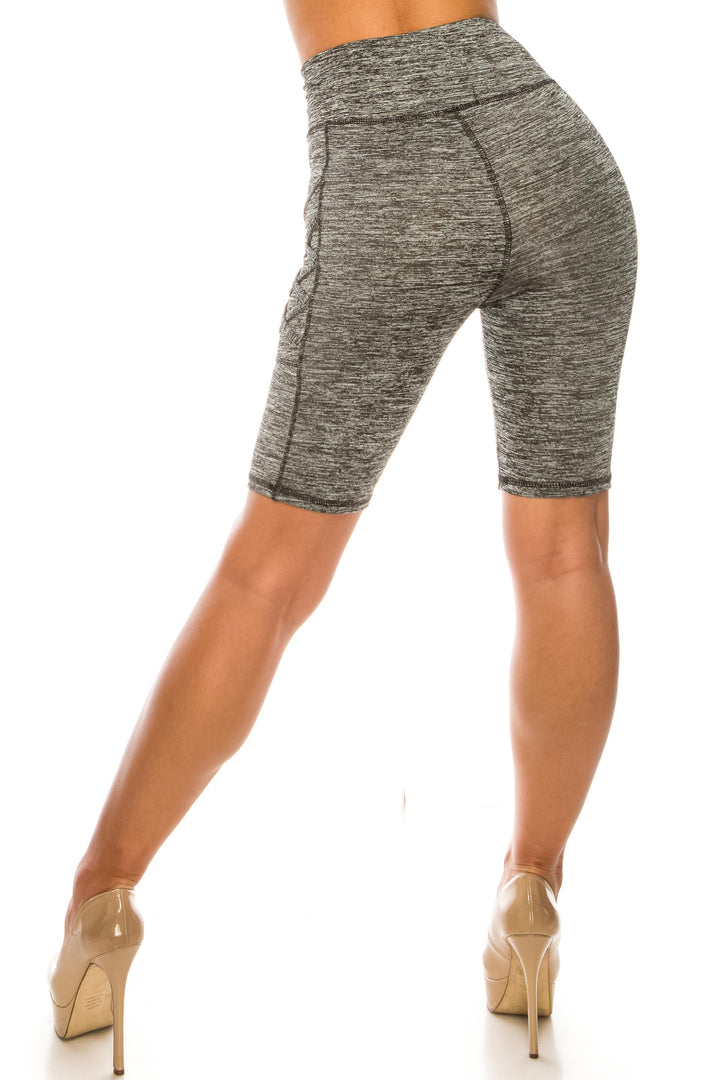 Wholesale Solid Heathered Crisscross Detail High Waist Sport Biker Shorts with Side Pocket