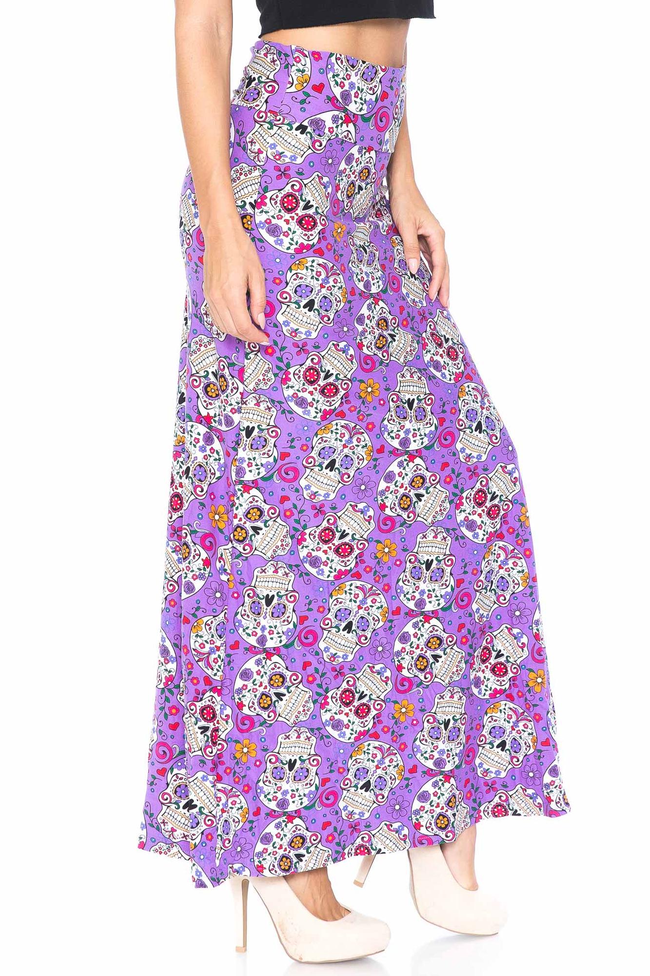 Wholesale Buttery Smooth Purple Sugar Skull Maxi Skirt