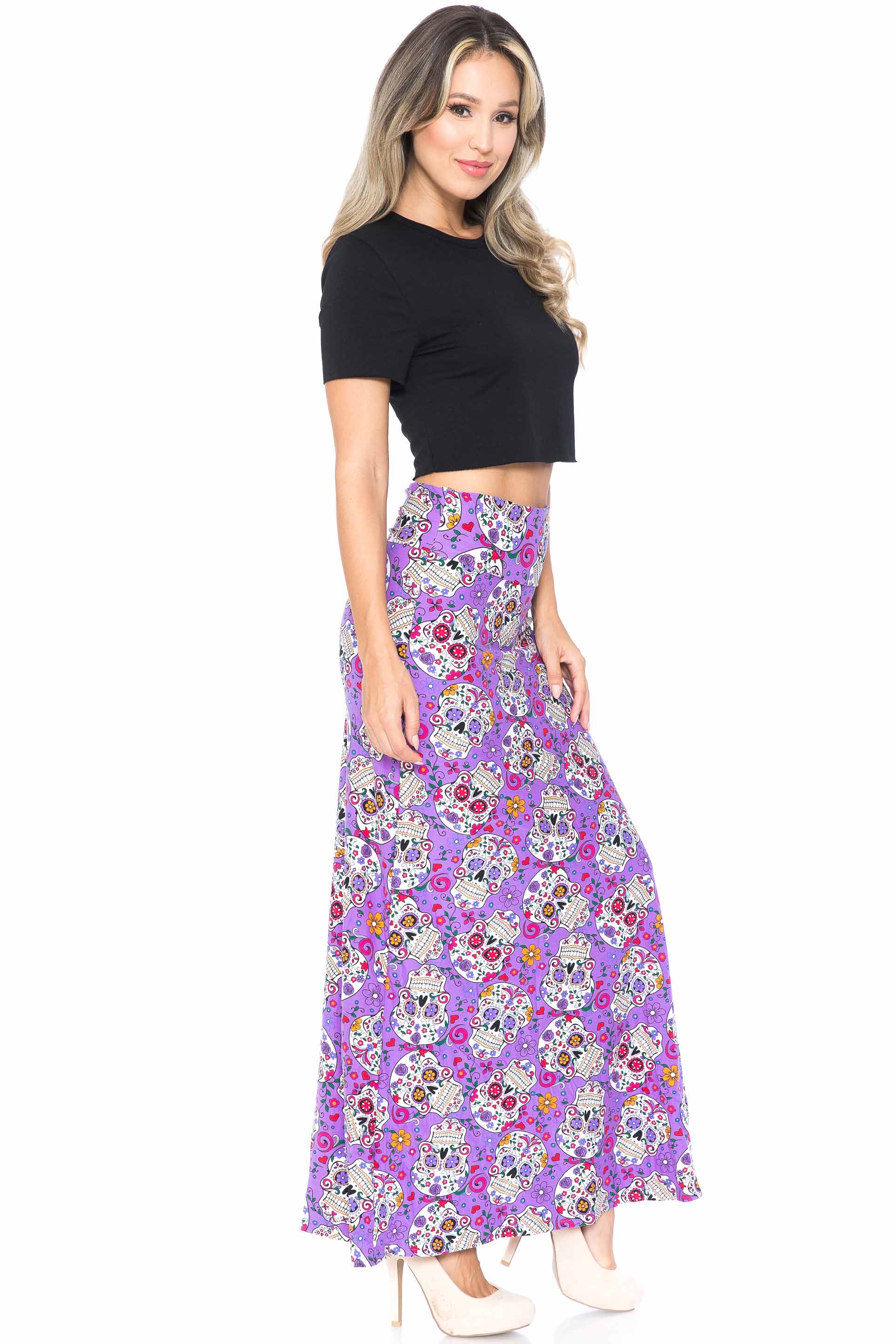 Wholesale Buttery Smooth Purple Sugar Skull Maxi Skirt