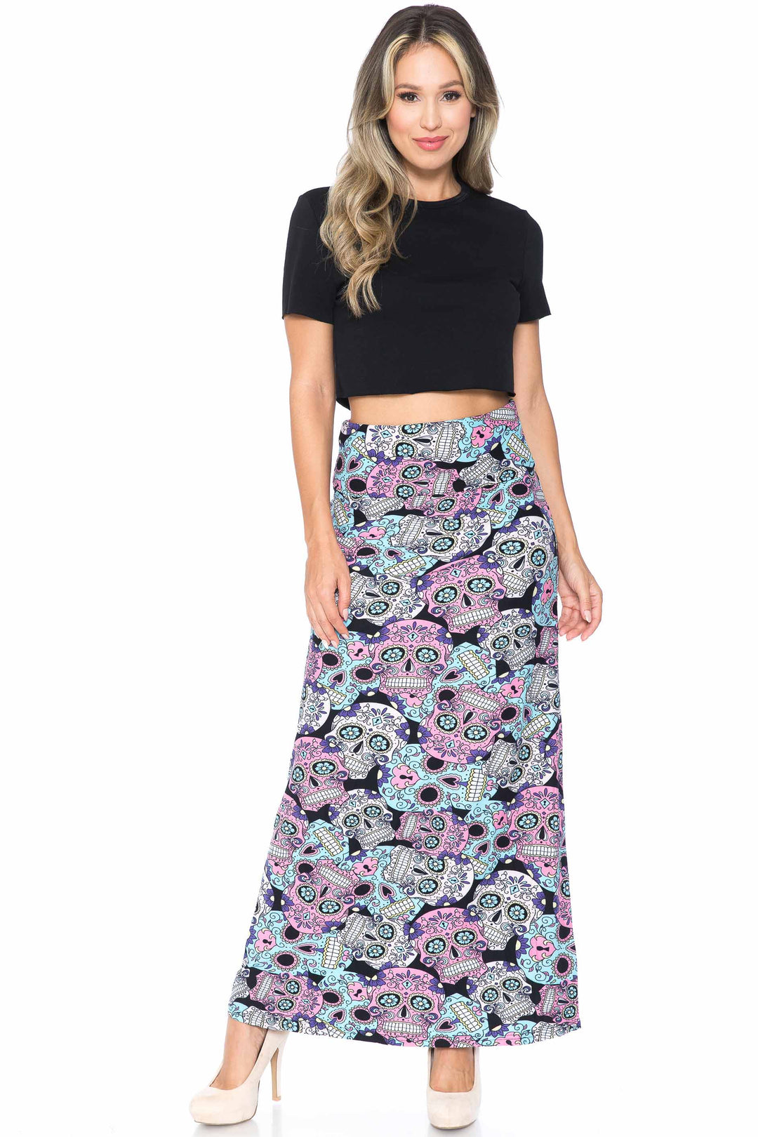 Wholesale Buttery Smooth Pastel Sugar Skull Maxi Skirt