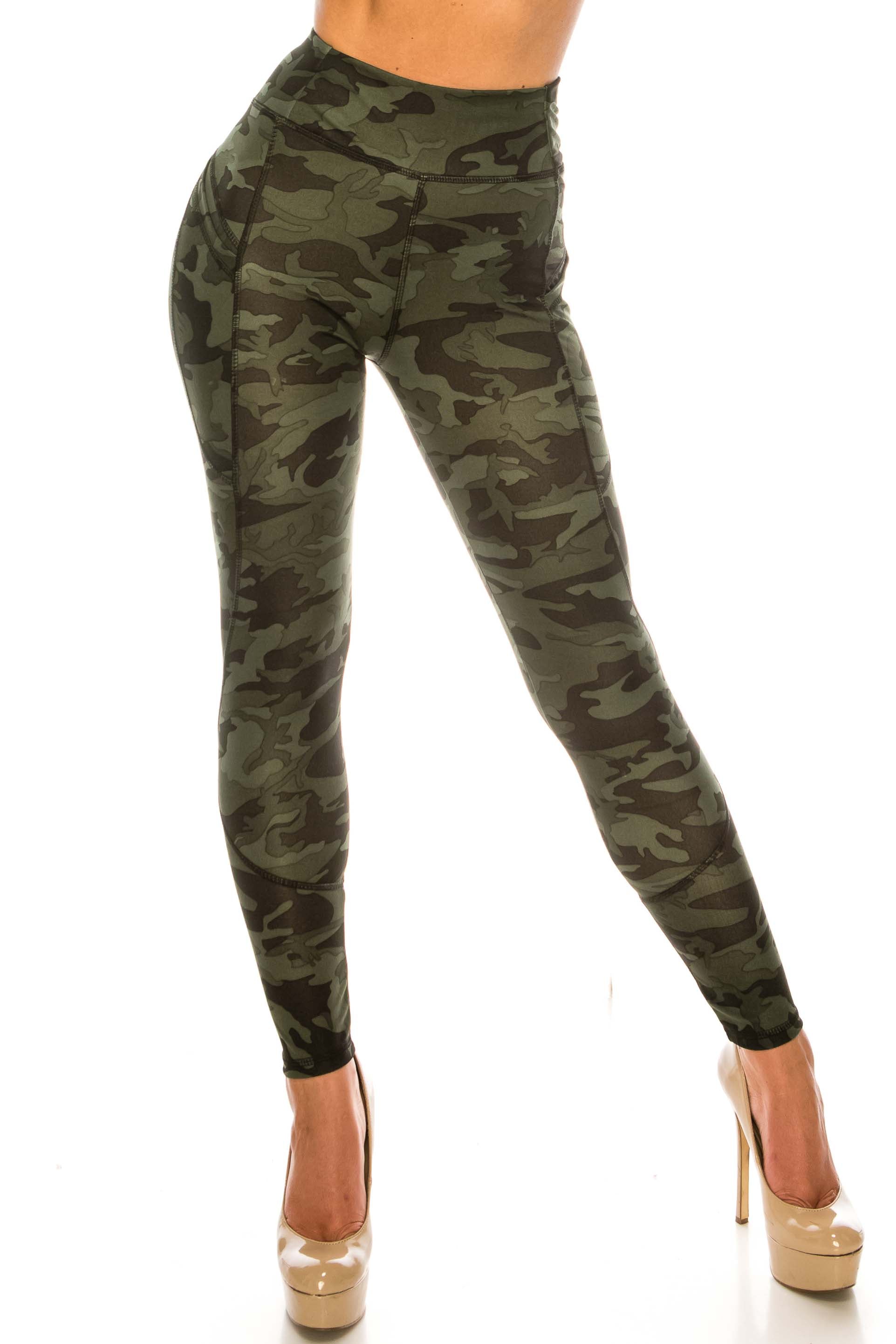 Wholesale Dark Olive Camouflage Contour Seam High Waisted Sport Leggings with Pockets