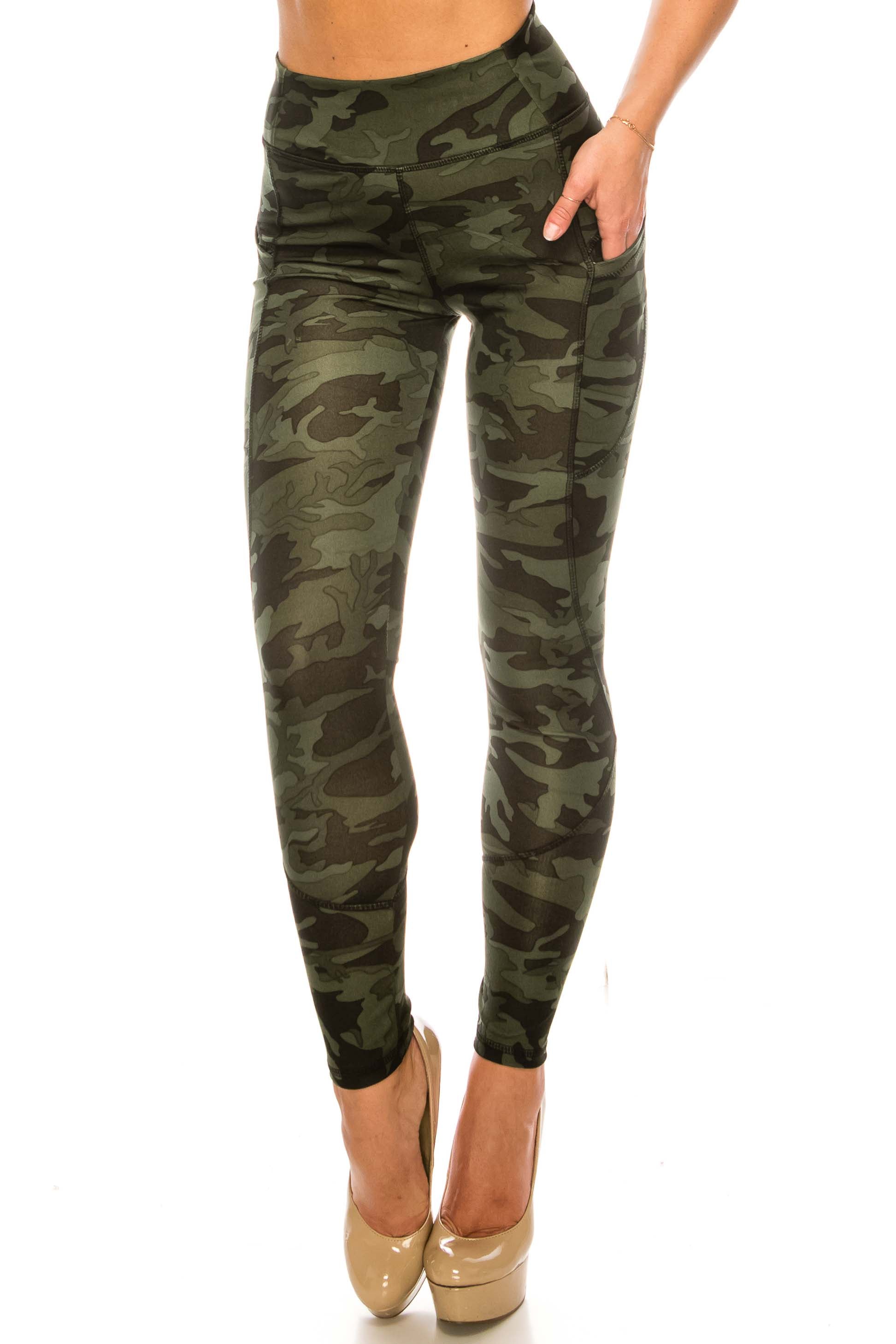 Wholesale Dark Olive Camouflage Contour Seam High Waisted Sport Leggings with Pockets