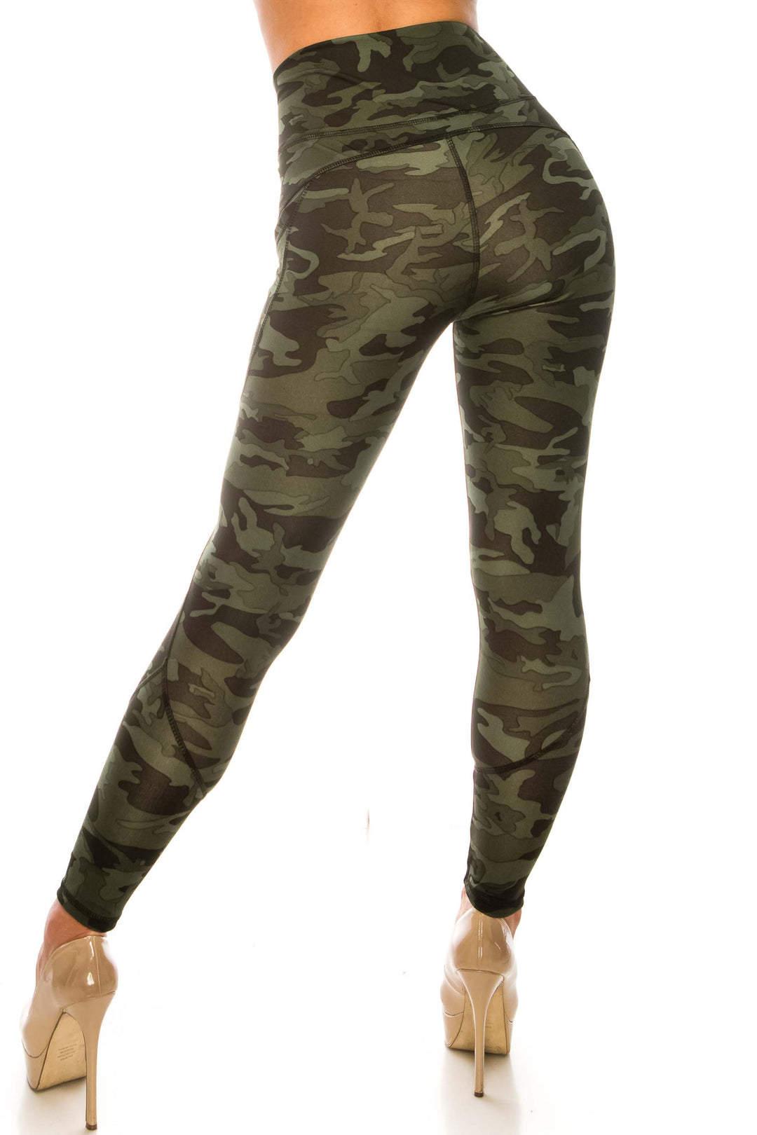 Wholesale Dark Olive Camouflage Contour Seam High Waisted Sport Leggings with Pockets