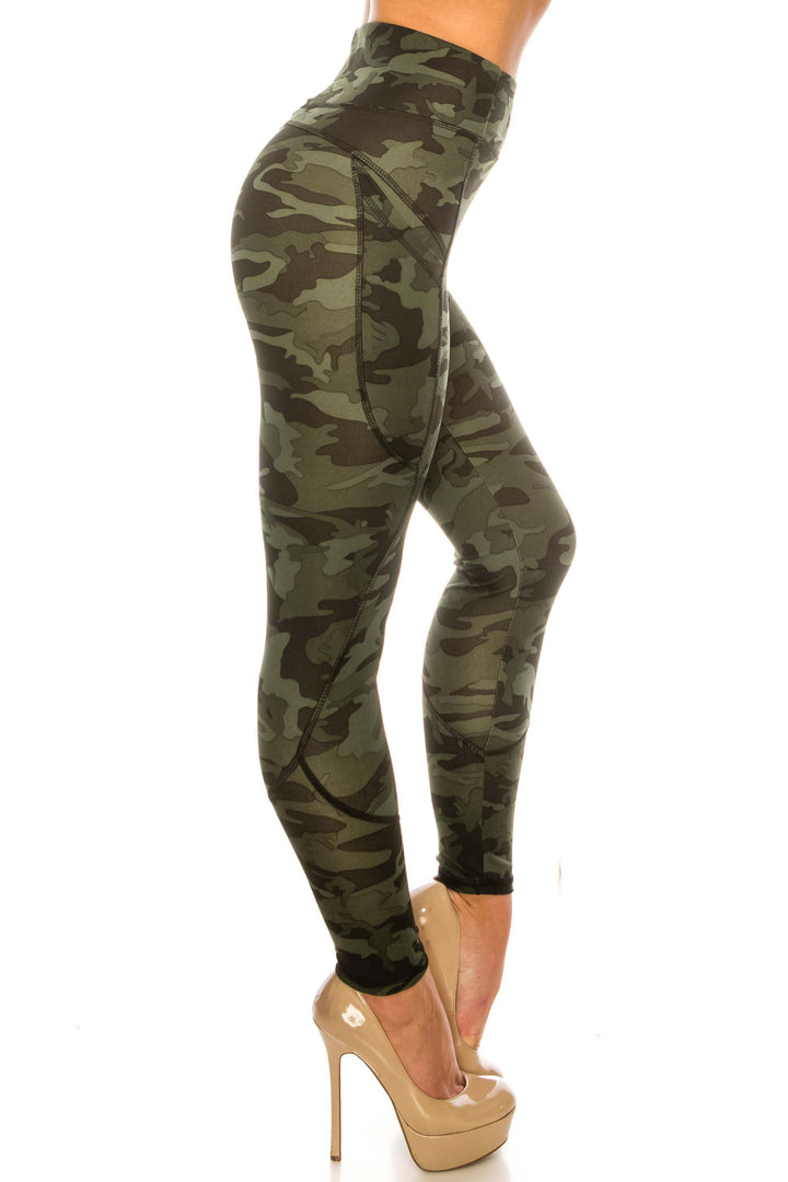 Wholesale Dark Olive Camouflage Contour Seam High Waisted Sport Leggings with Pockets