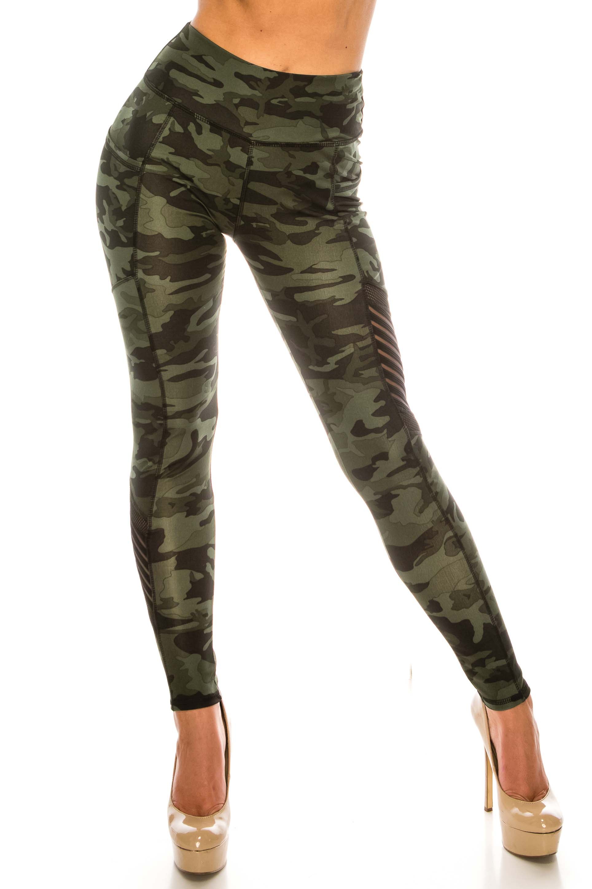 Wholesale Dark Olive Camouflage Serrated Mesh High Waisted Sport Leggings