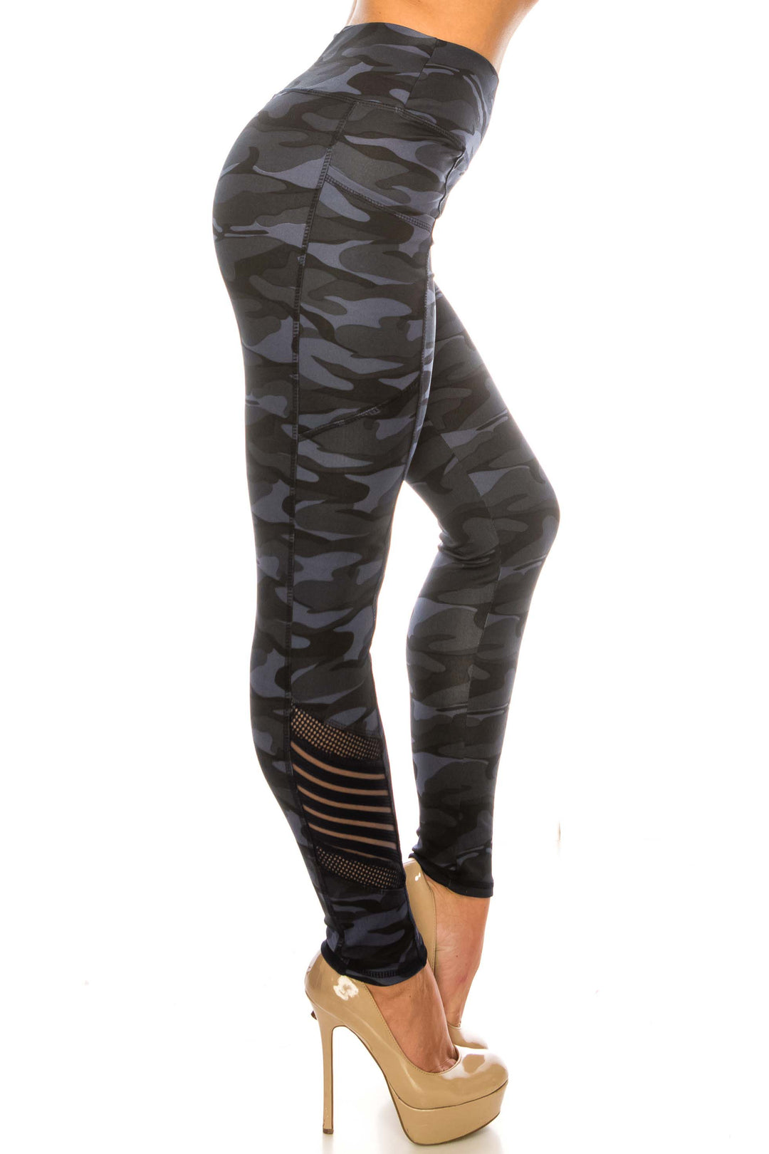 Wholesale Navy Camouflage Serrated Mesh High Waisted Sport Leggings