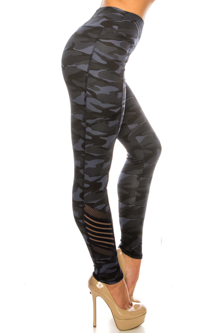 Wholesale Navy Camouflage Serrated Mesh High Waisted Sport Leggings