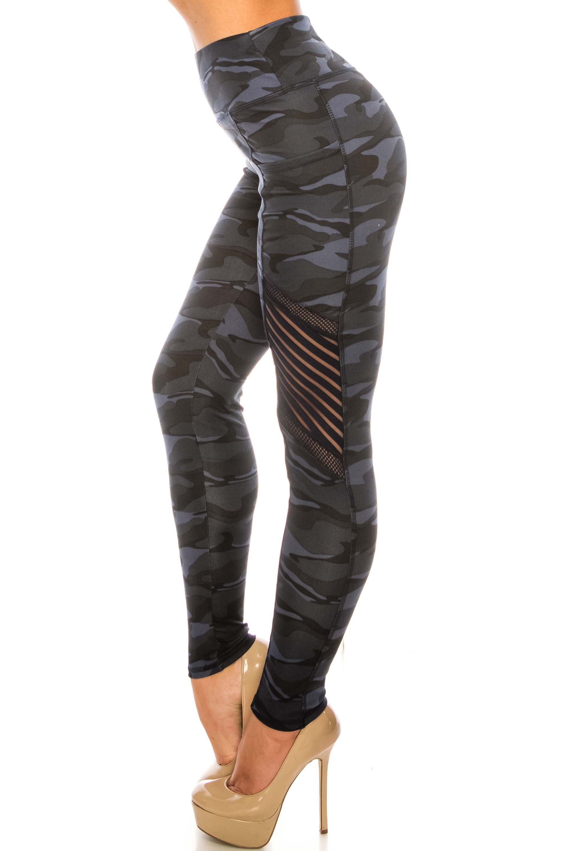 Wholesale Navy Camouflage Serrated Mesh High Waisted Sport Leggings