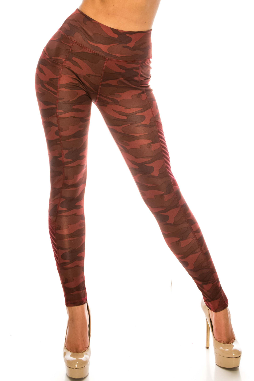 Wholesale Burgundy Camouflage Serrated Mesh High Waisted Sport Leggings