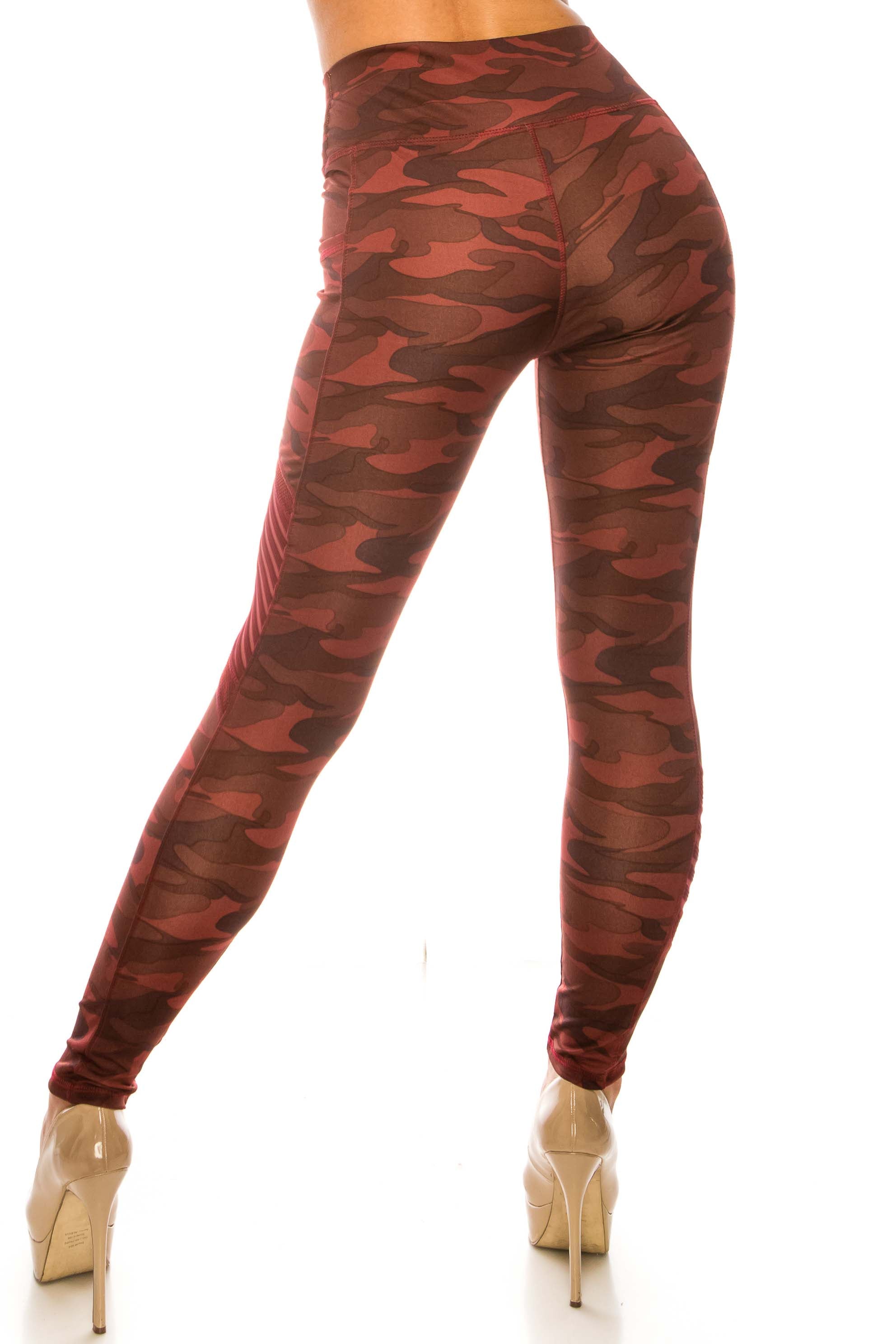 Wholesale Burgundy Camouflage Serrated Mesh High Waisted Sport Leggings